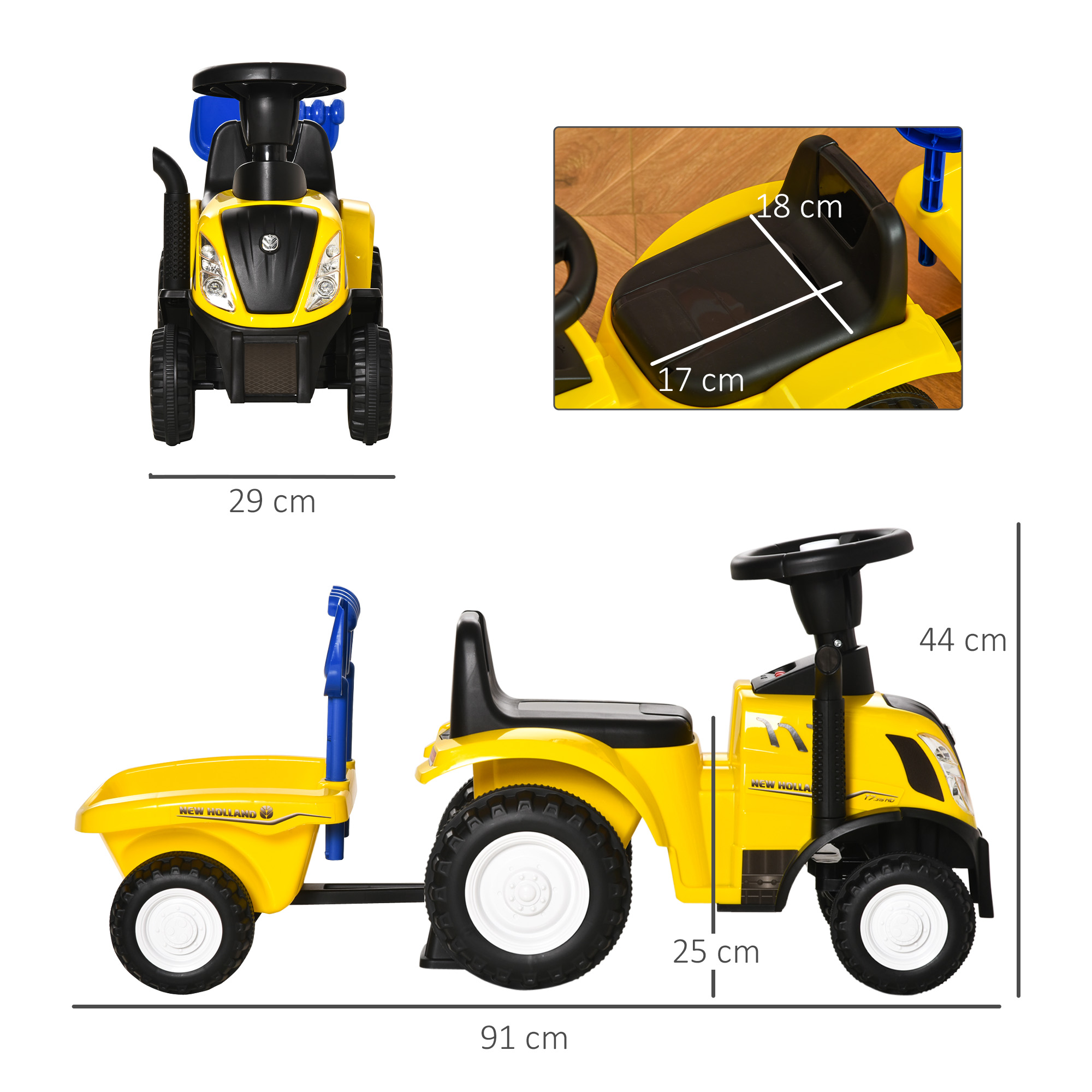 Trattore giocattolo giallo con dimensioni indicate. Ha un rimorchio. Sfondo bianco.