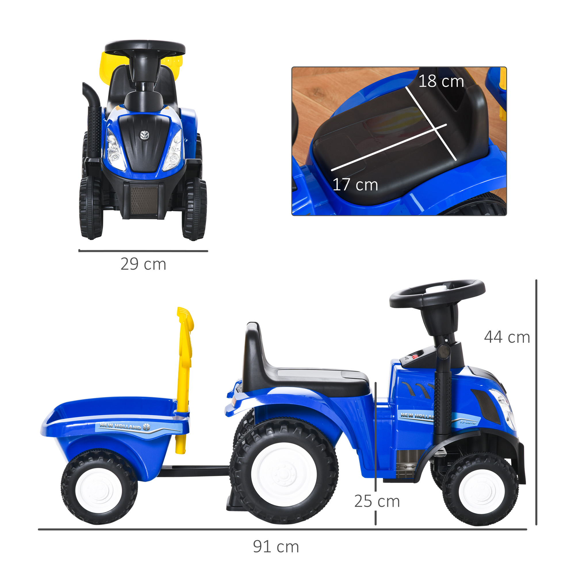Trattore giocattolo blu con rimorchio. Dimensioni: 91cm lungo, 44cm alto, 29cm largo.