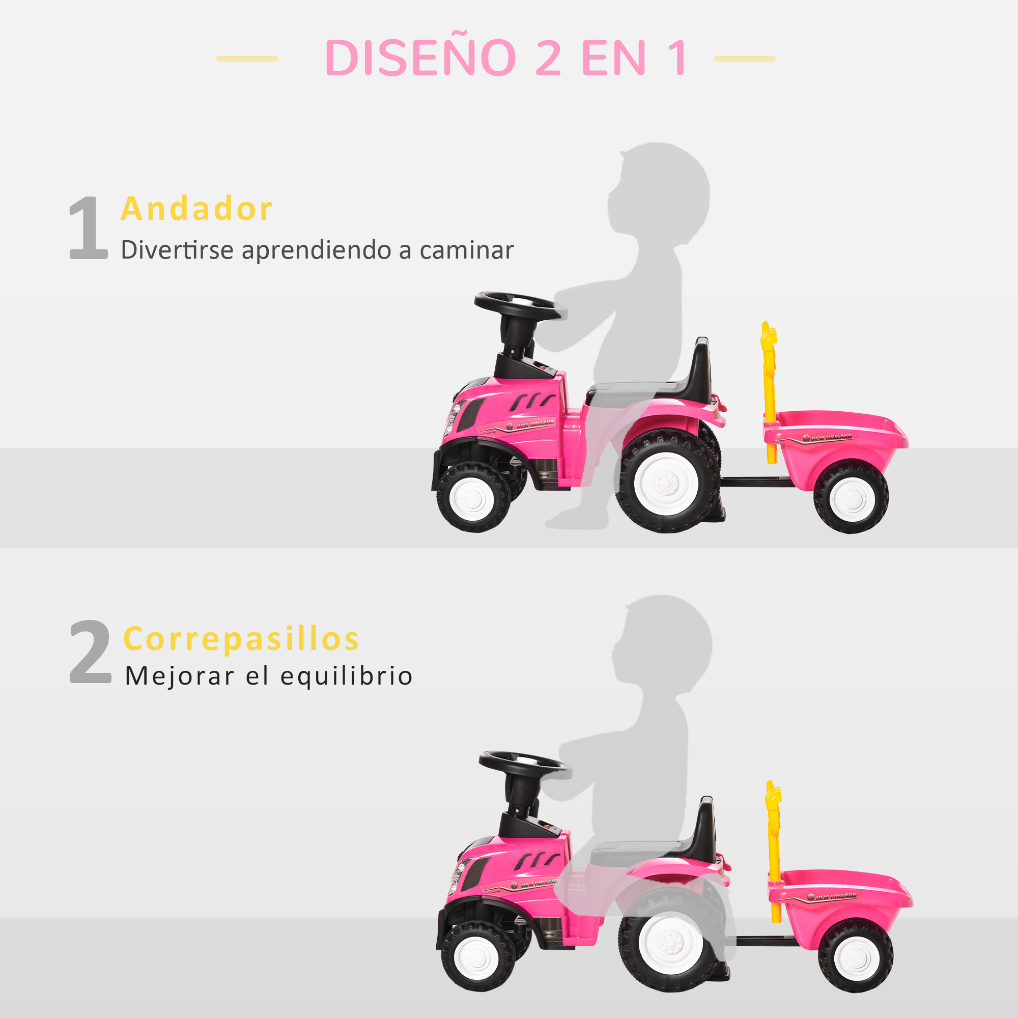 Juguete rosa para montar con remolque, etiquetado como andador y correpasillos. Español.
