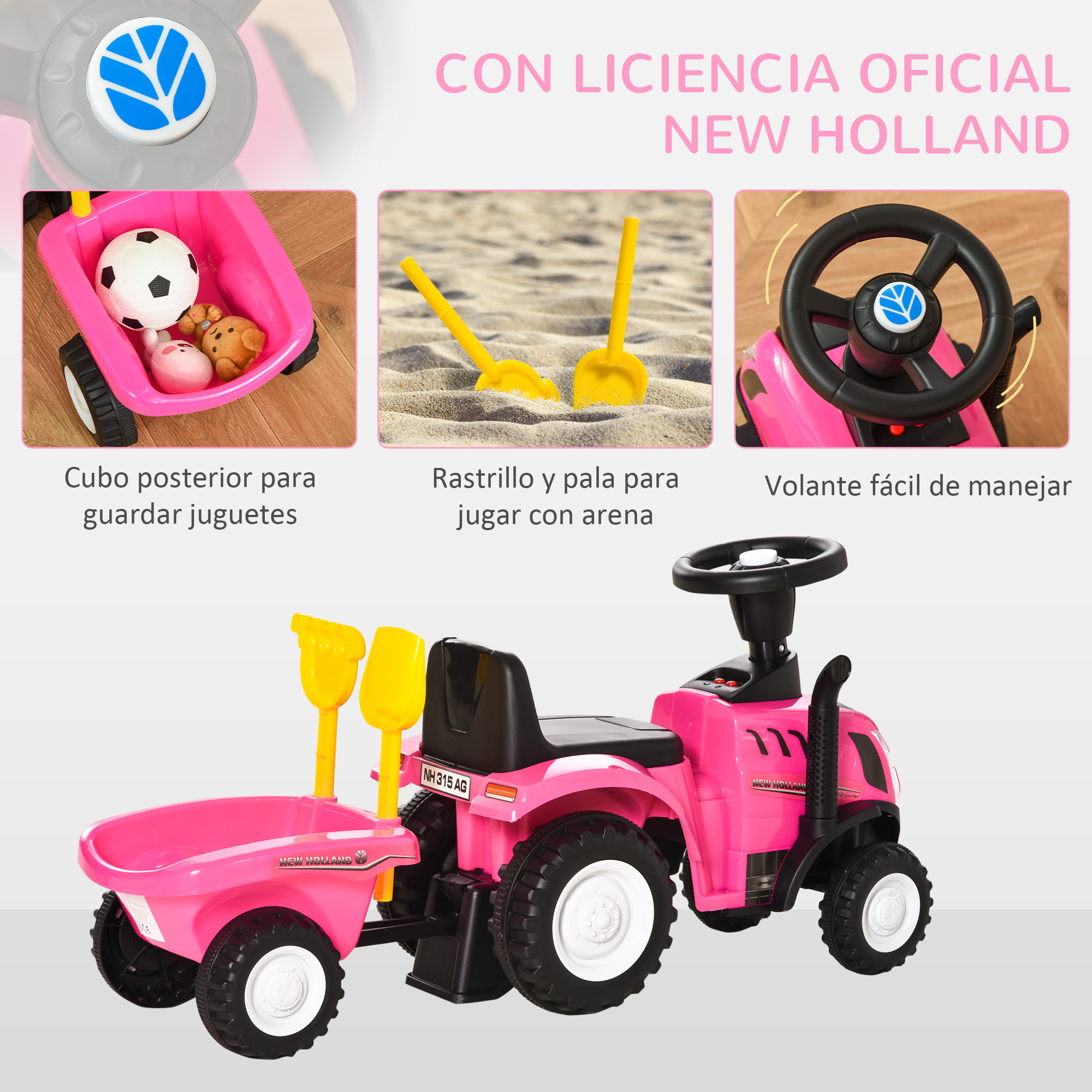 Tractor de juguete rosa con accesorios, etiquetado en español.
