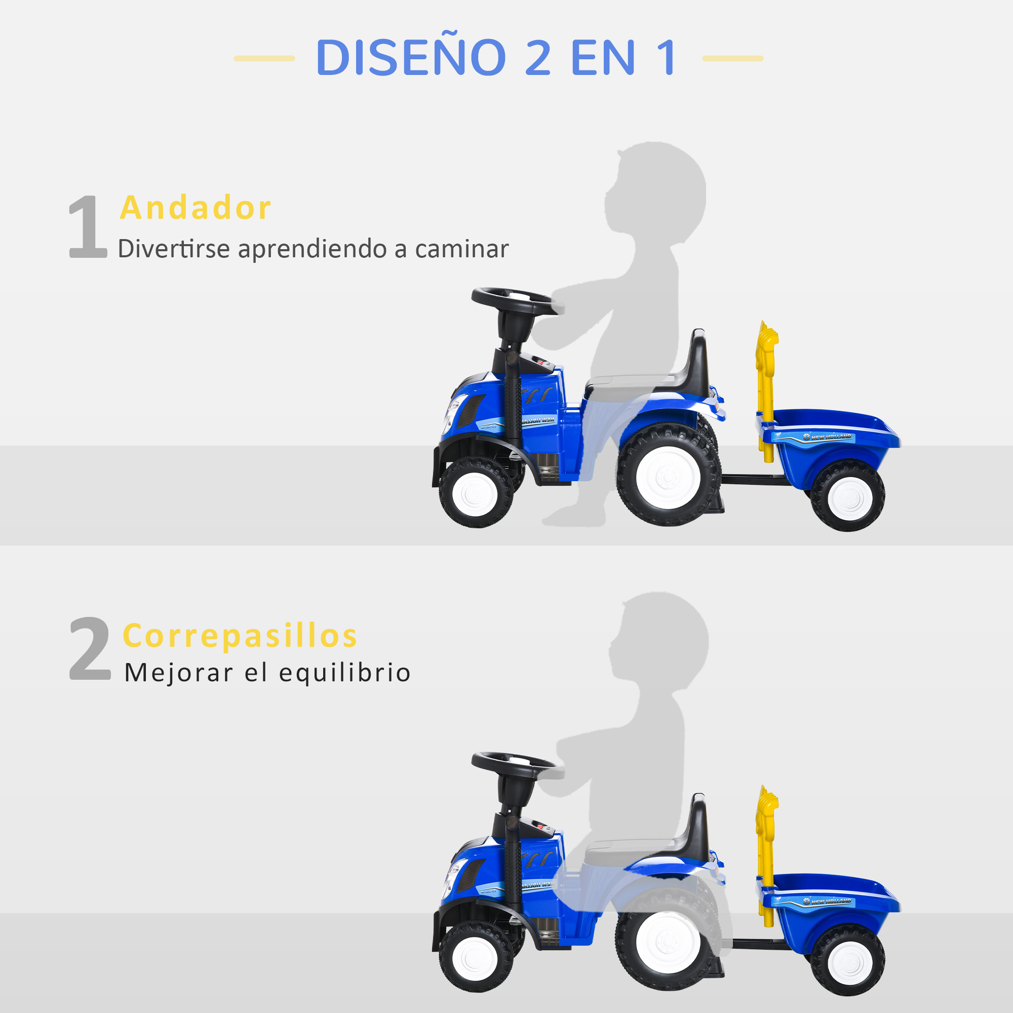 Un juguete para montar para niños, azul, tipo tractor, con remolque. Texto: caminar y equilibrio.