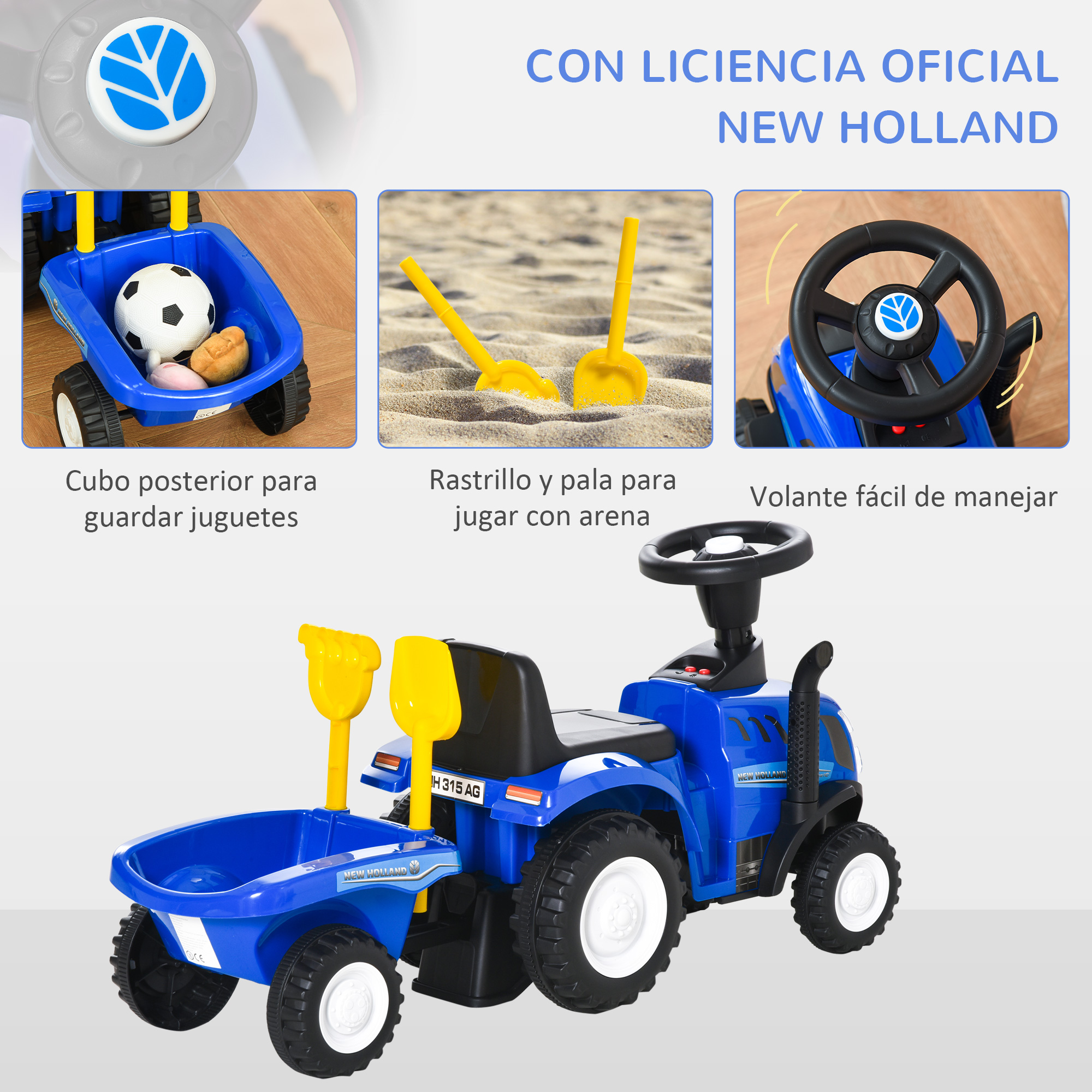 Juguete de tractor azul con accesorios. Incluye una pelota, palas y un volante con el logotipo de New Holland.