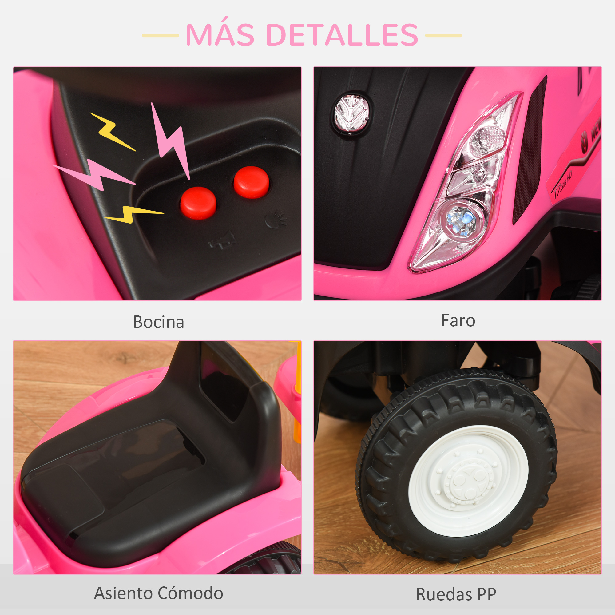 Primer plano de un vehículo de juguete rosa con etiquetas para bocina, faro, asiento cómodo y ruedas.