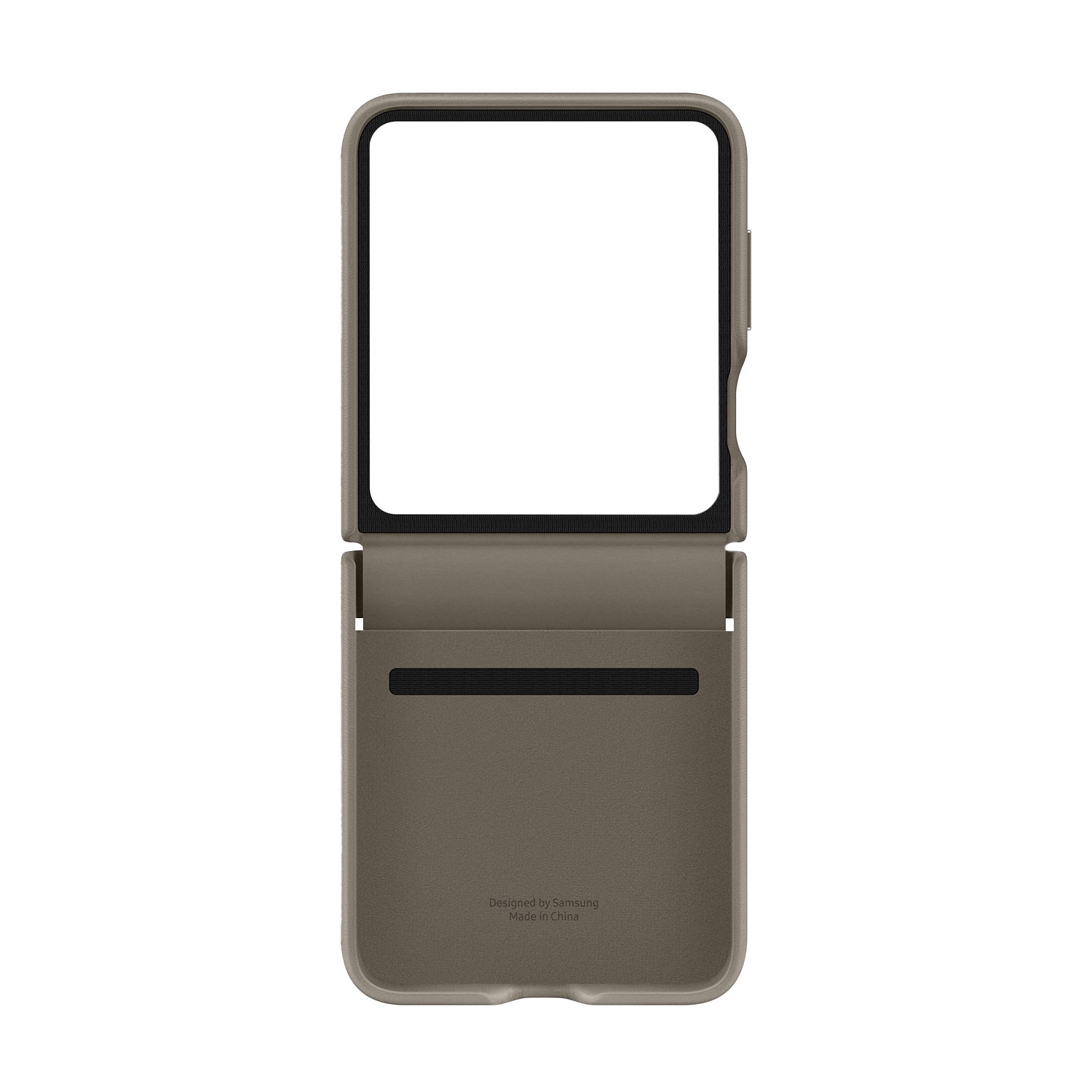Szare etui na telefon z wycięciem na aparat, przeznaczone do Samsunga, na czarnym tle.