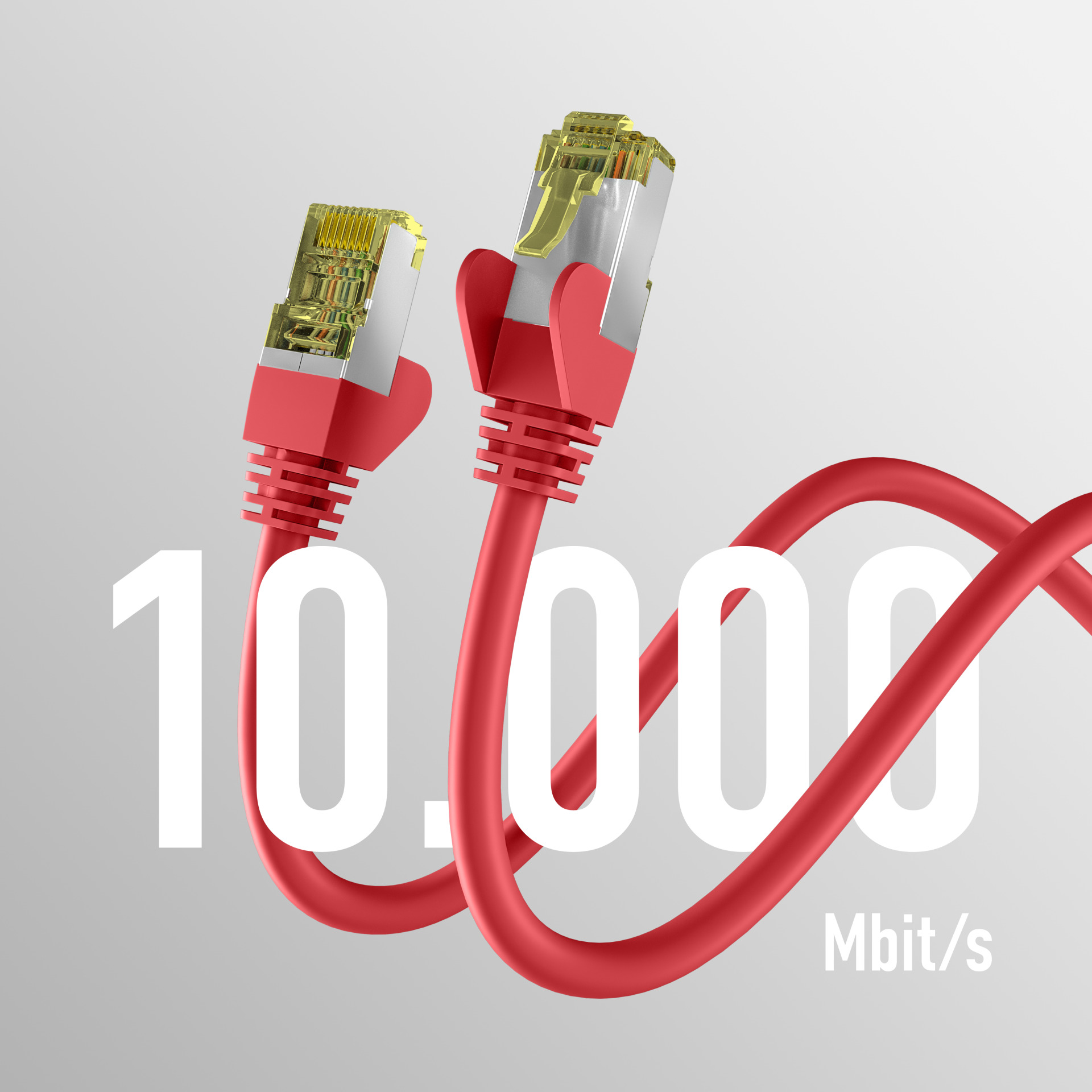 Zwei rote Netzwerkkabel mit gelben Steckern. Die Zahl 10.000 Mbit/s steht daneben.
