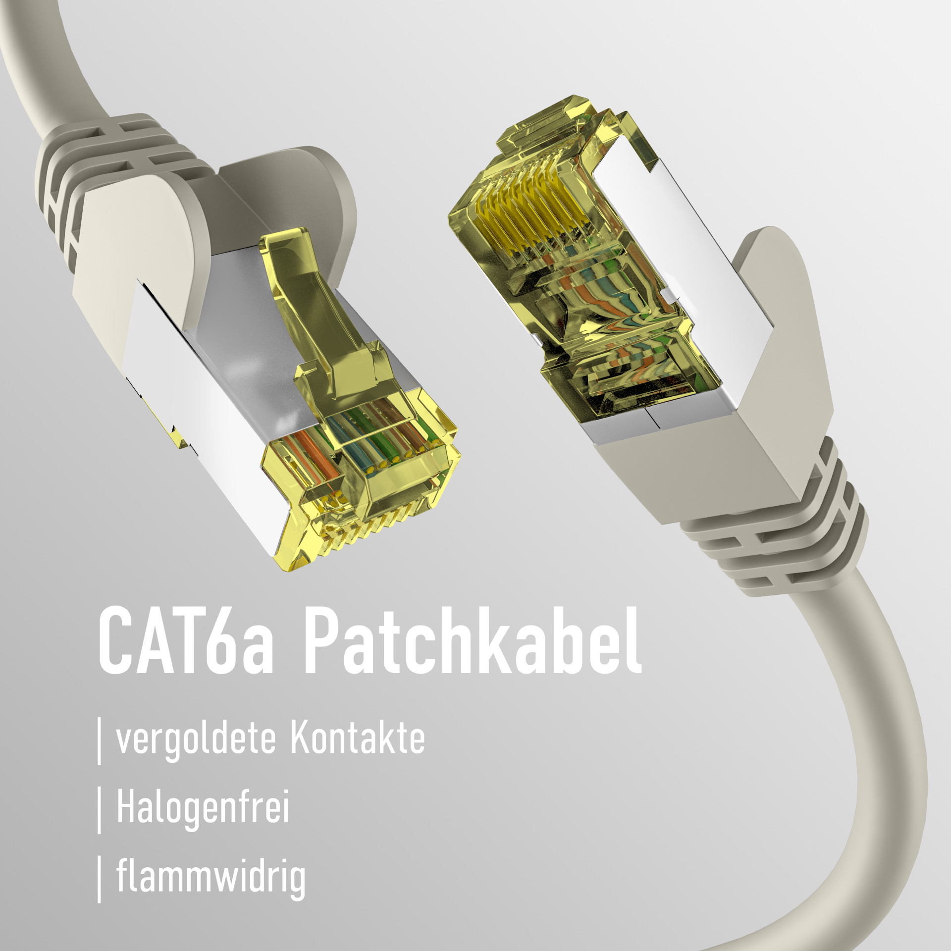 Zwei Netzwerkkabel mit vergoldeten Steckern. Weißes Kabel und Hintergrund. Text unten.