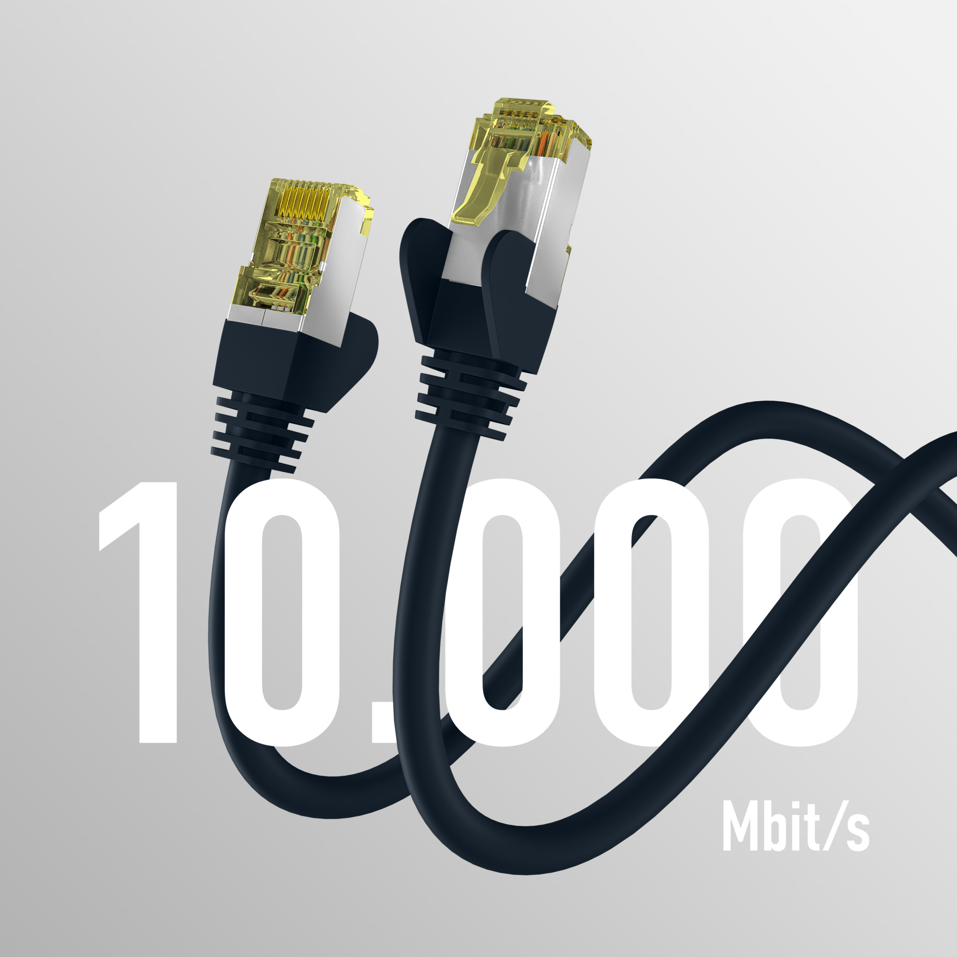 Zwei schwarze Ethernet-Kabel mit gelben Steckern und die Zahl 10.000 Mbit/s.