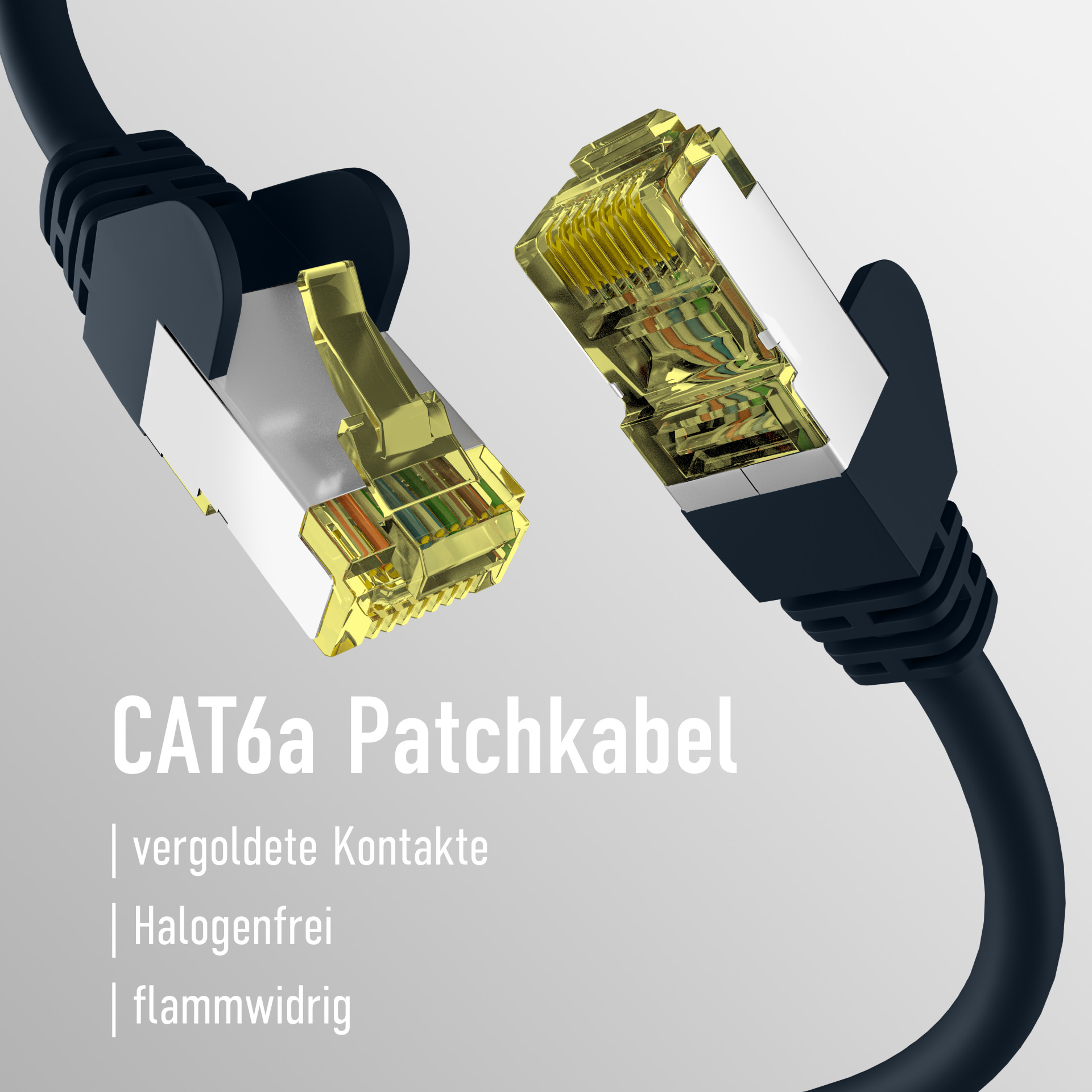 Zwei schwarze CAT6a-Patchkabel mit goldenen Steckern. Produkttext darunter.