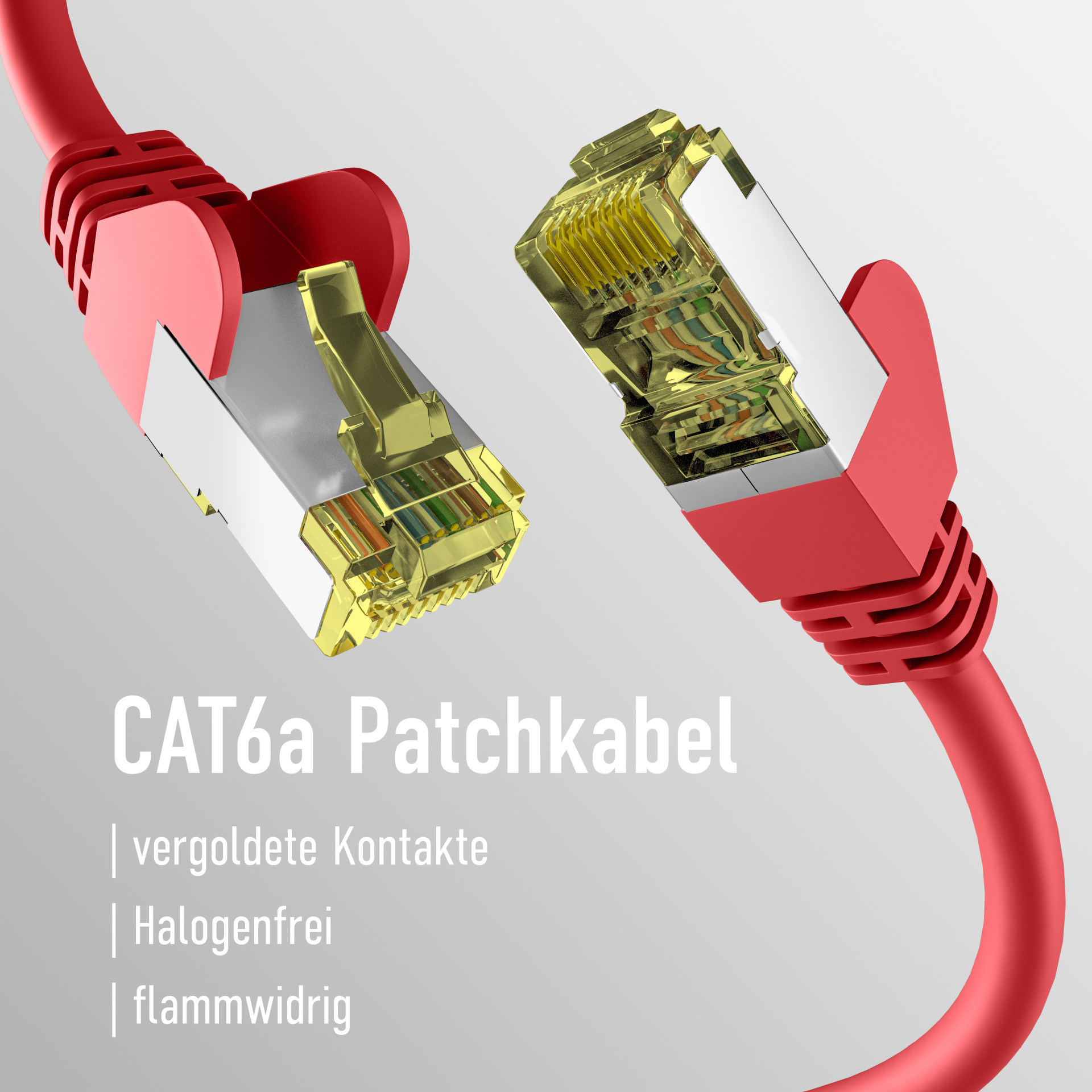 Nahaufnahme eines roten CAT6a Patchkabels. Stecker sind vergoldet. Text: CAT6a Patchkabel.