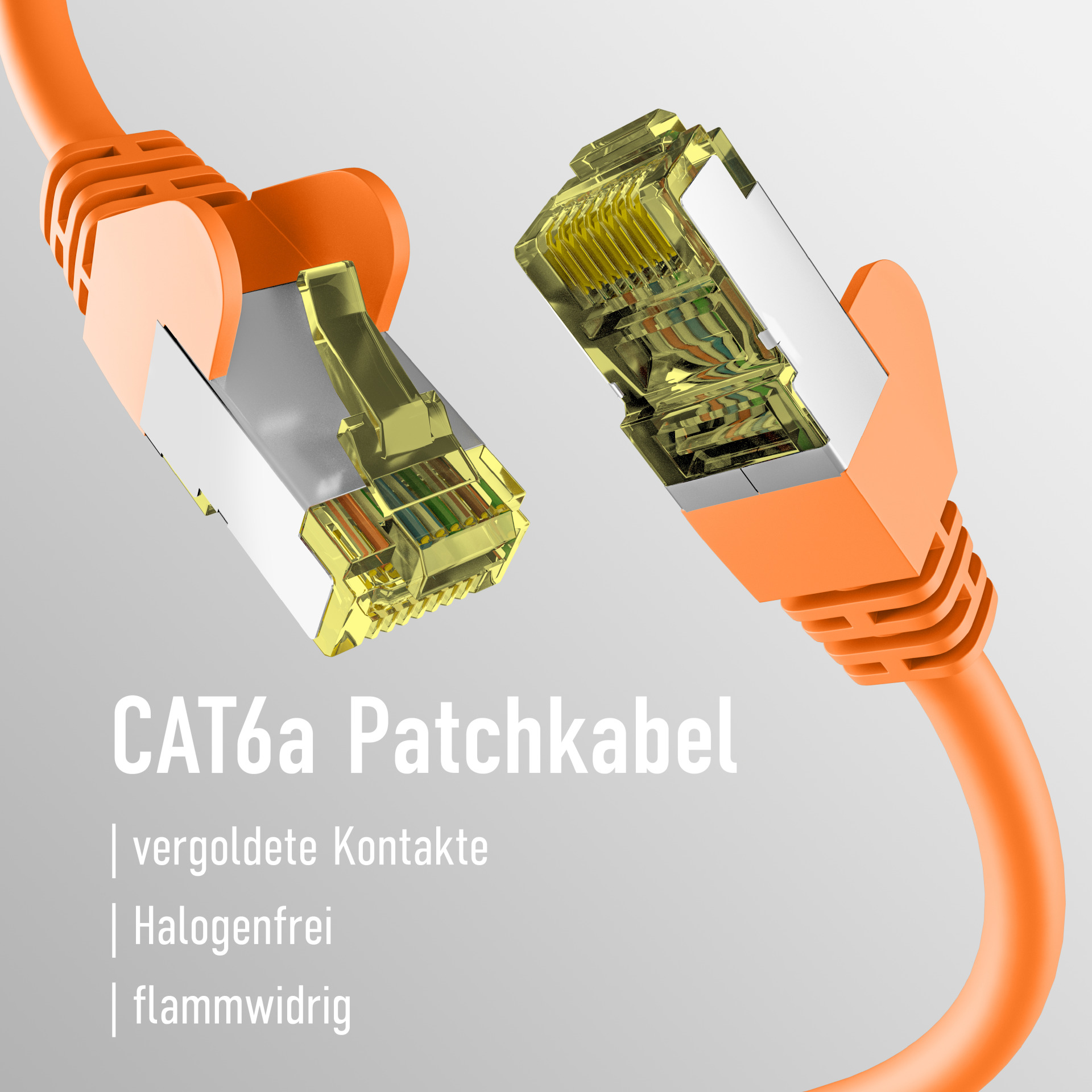 Pomarańczowe złącza kabli Ethernet CAT6a z tekstem „CAT6a Patchkabel” i szczegółami na jasnym tle.
