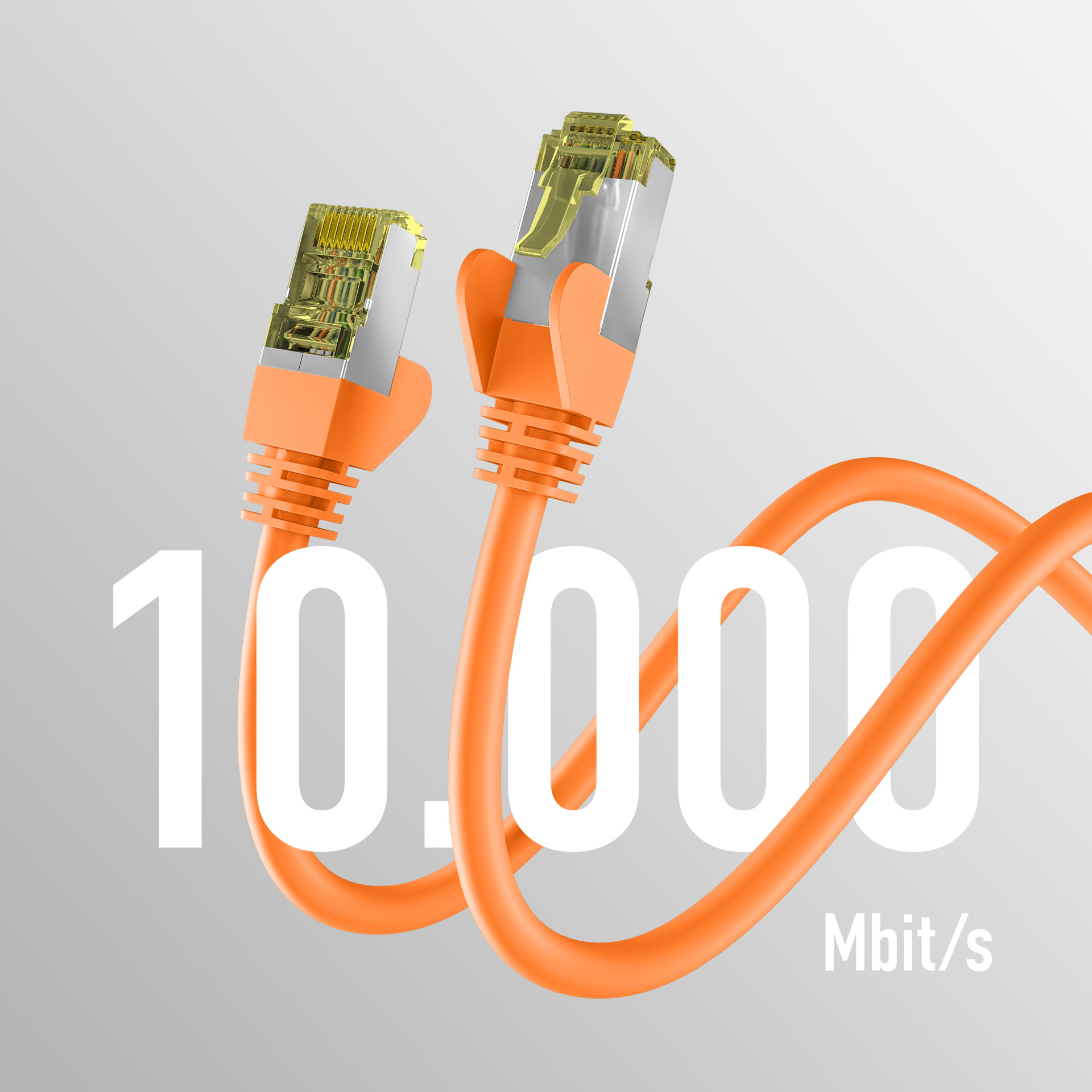 Zwei orangefarbene Ethernet-Kabel mit RJ45-Anschlüssen. Weißer Text zeigt 10.000 Mbit/s an.