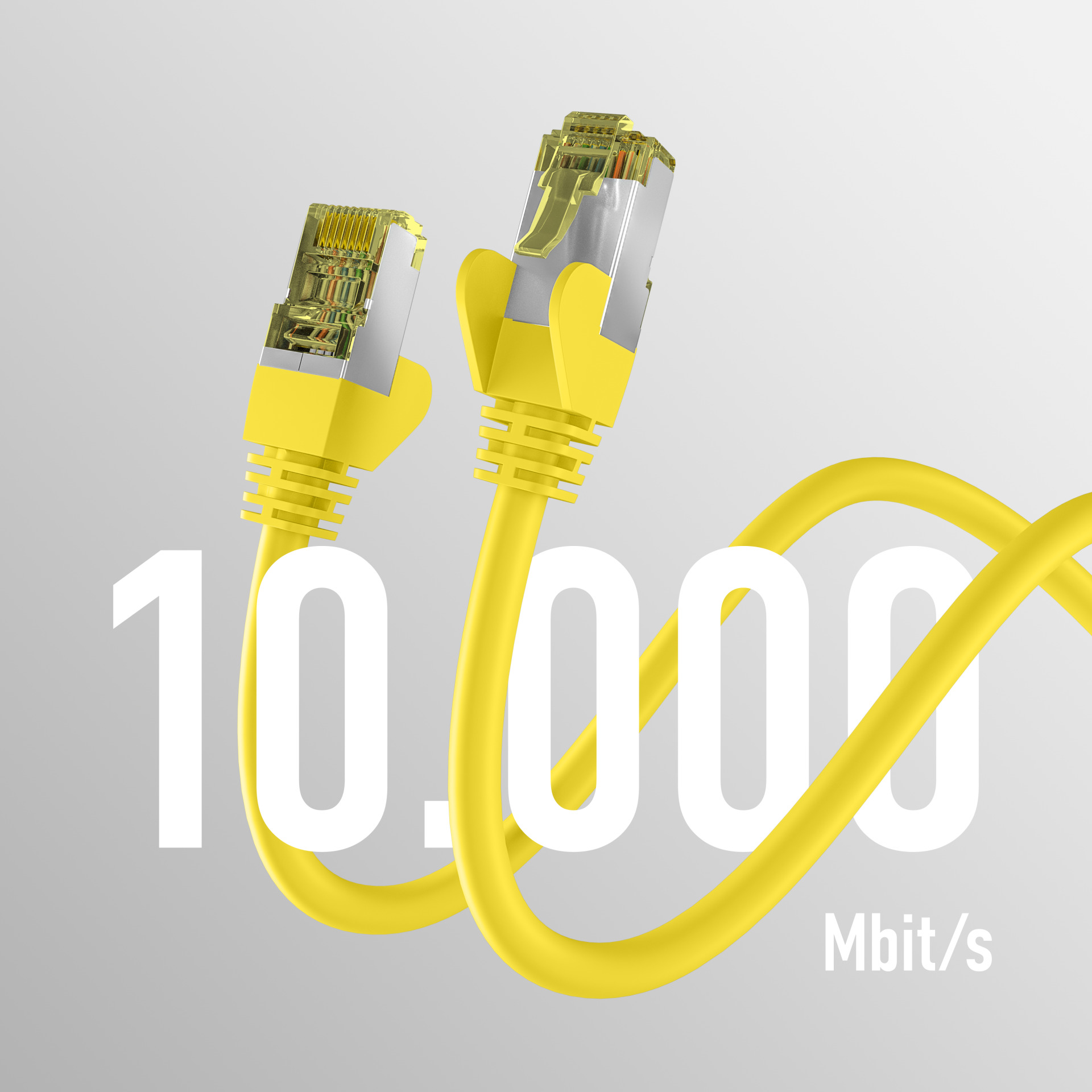 Zwei gelbe Netzwerkkabel mit Steckern. Weißer Text sagt "10.000 Mbit/s".