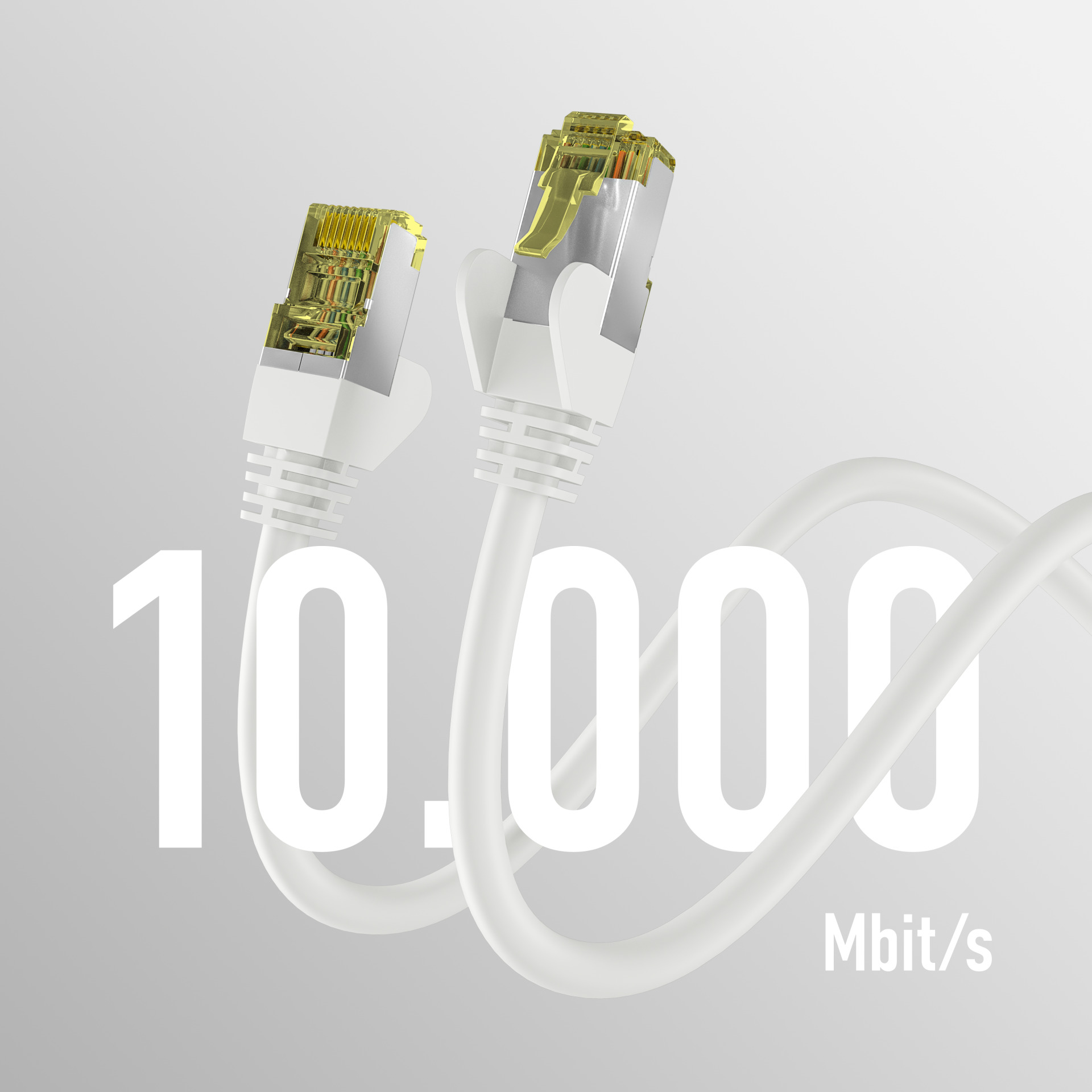Białe kable sieciowe ze złotymi złączami i liczbą 10.000 Mbit/s.