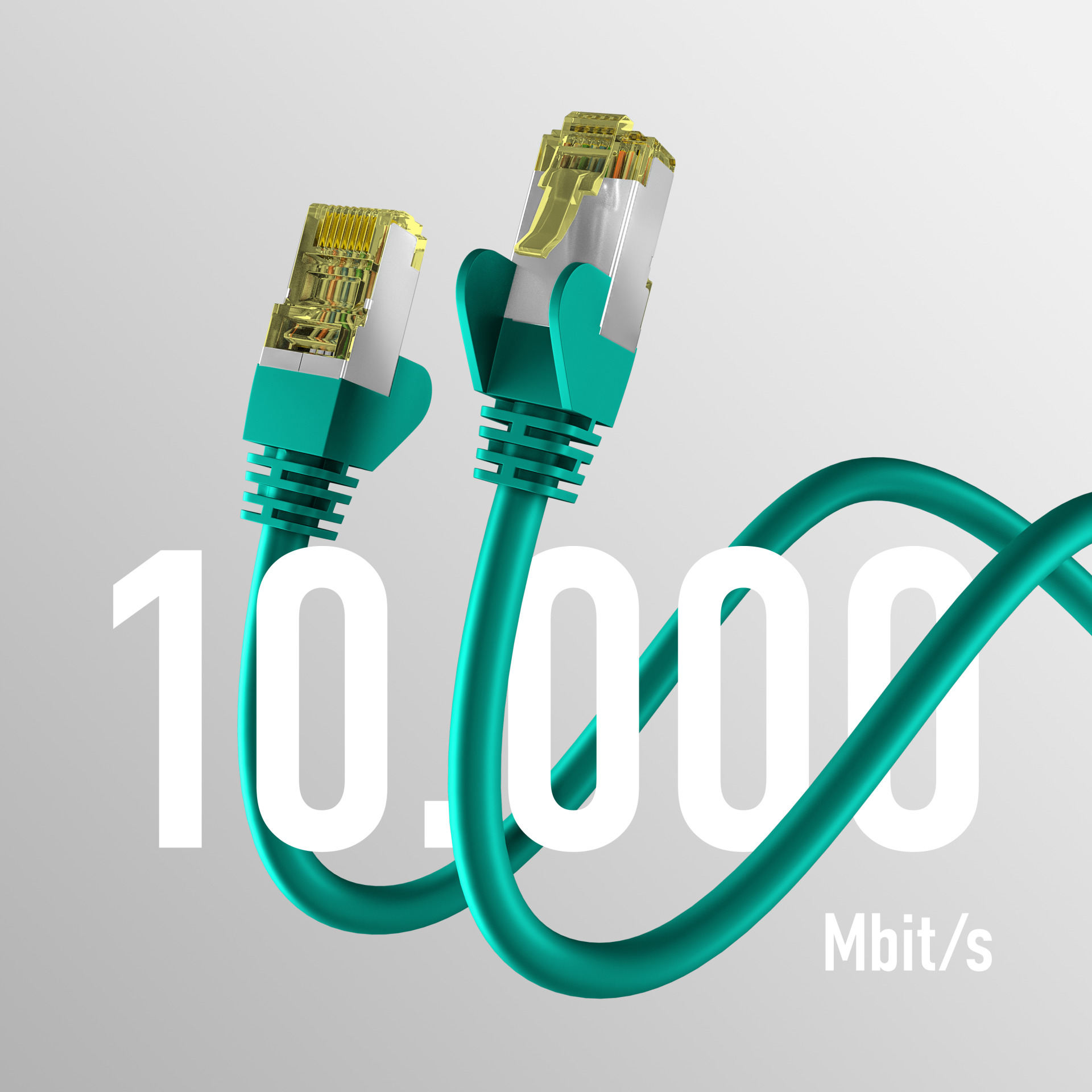 Dwa turkusowe kable sieciowe z wtyczkami. Biały tekst: 10.000 Mbit/s.