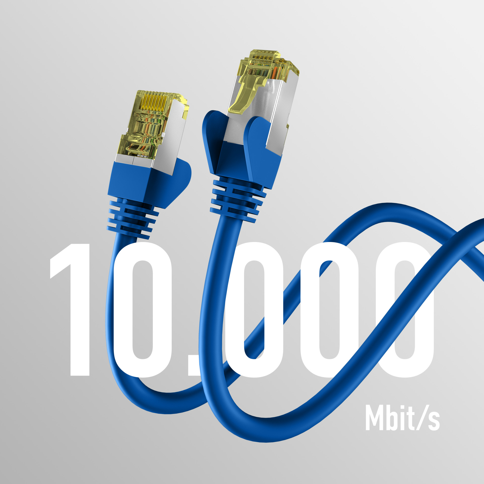 Dwa niebiesko-białe kable sieciowe obok białego tekstu, który mówi 10.000 Mbit/s.