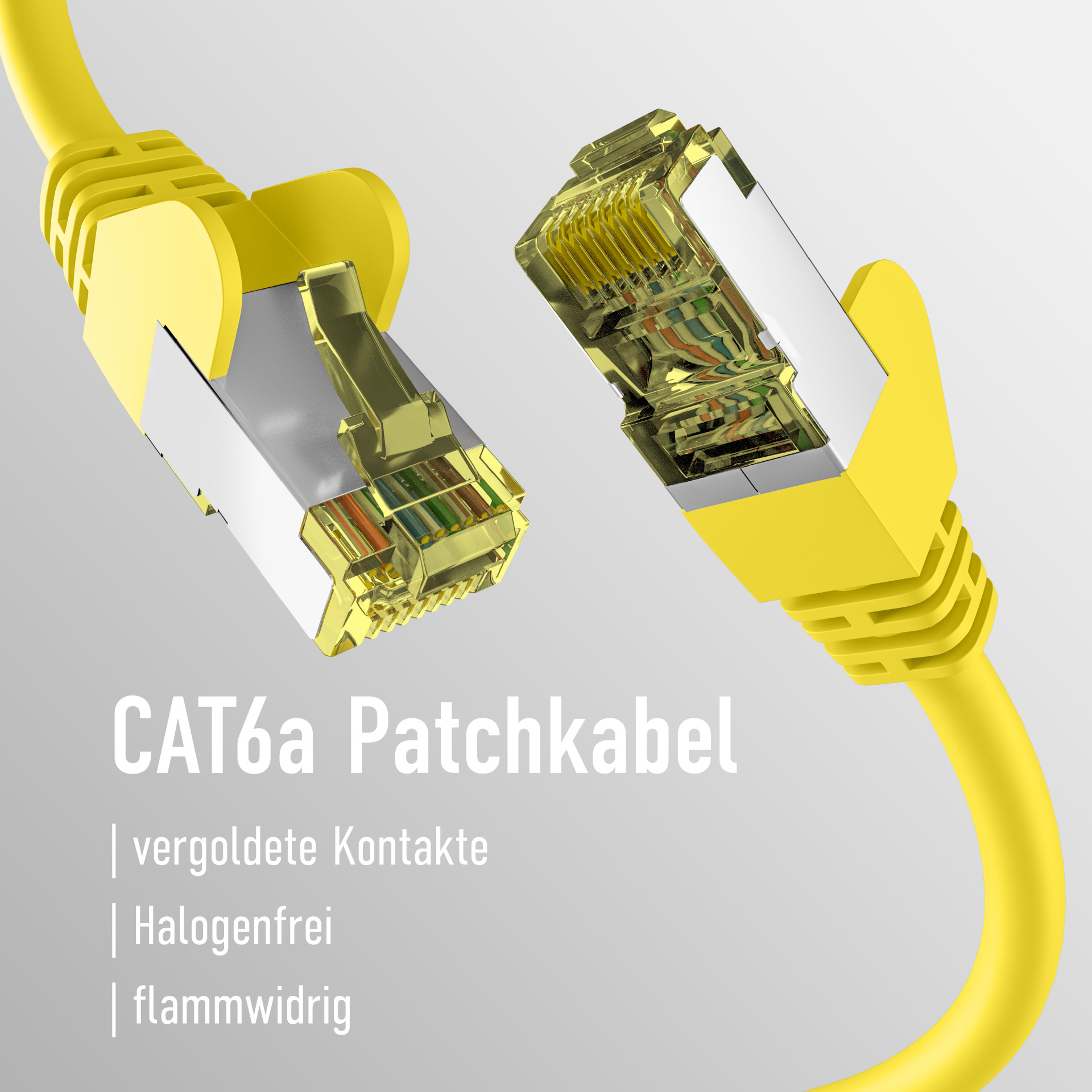Nahaufnahme von gelben CAT6a-Netzwerkkabelsteckern. Vergoldete Kontakte sind sichtbar.