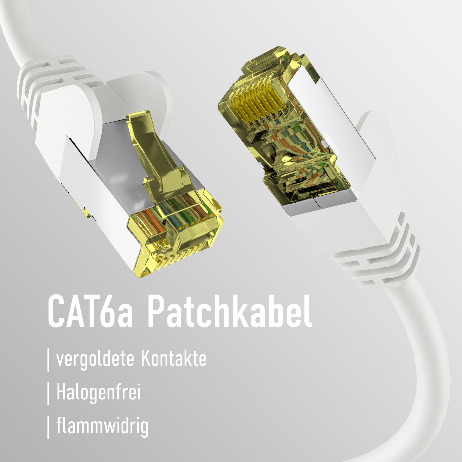 Zwei RJ45-Stecker mit Goldkontakten, verbunden durch ein weißes CAT6a Ethernet-Kabel.