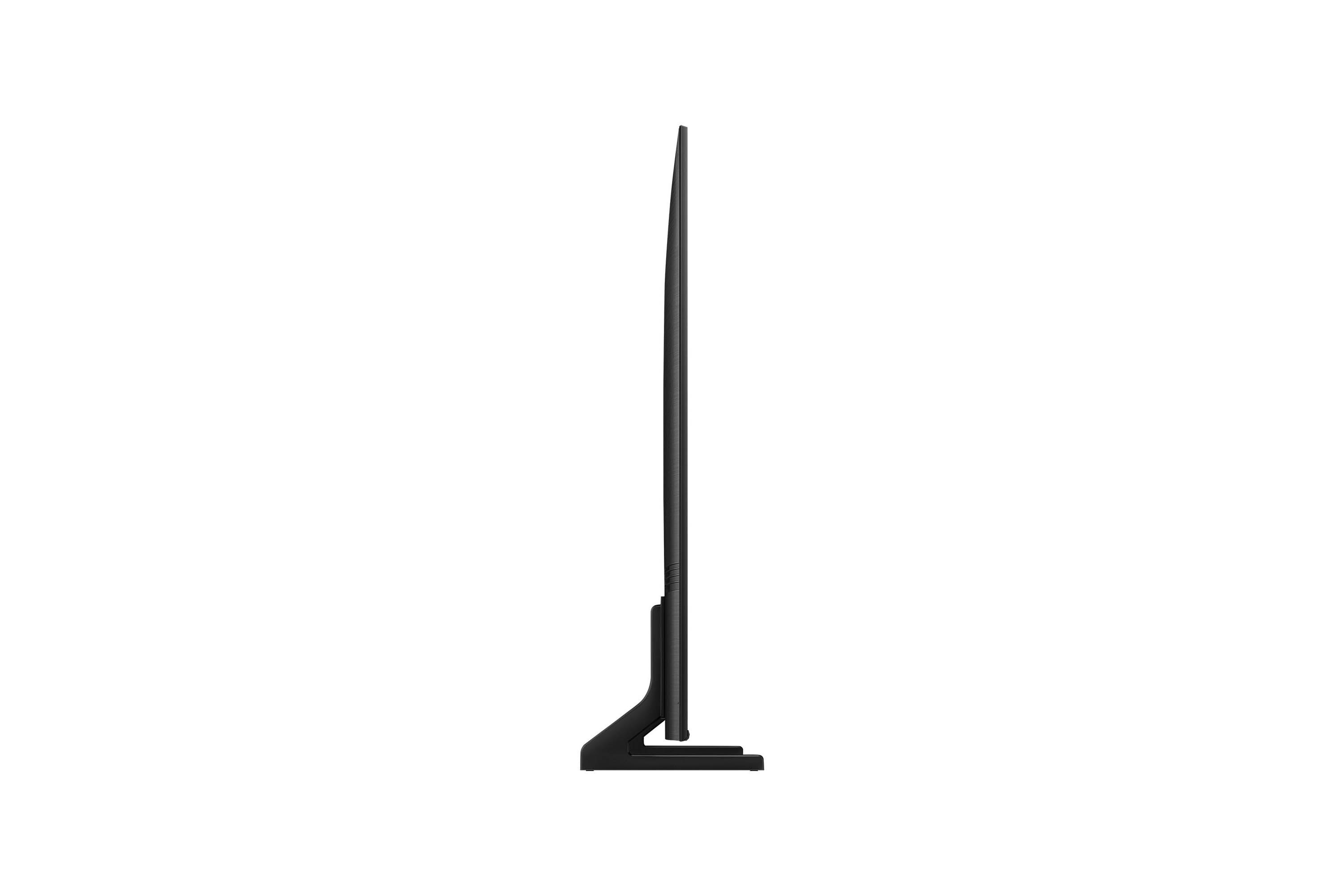 Schlanker, schwarzer Fernseher von der Seite, der ein minimalistisches Design zeigt. Weißer Hintergrund.
