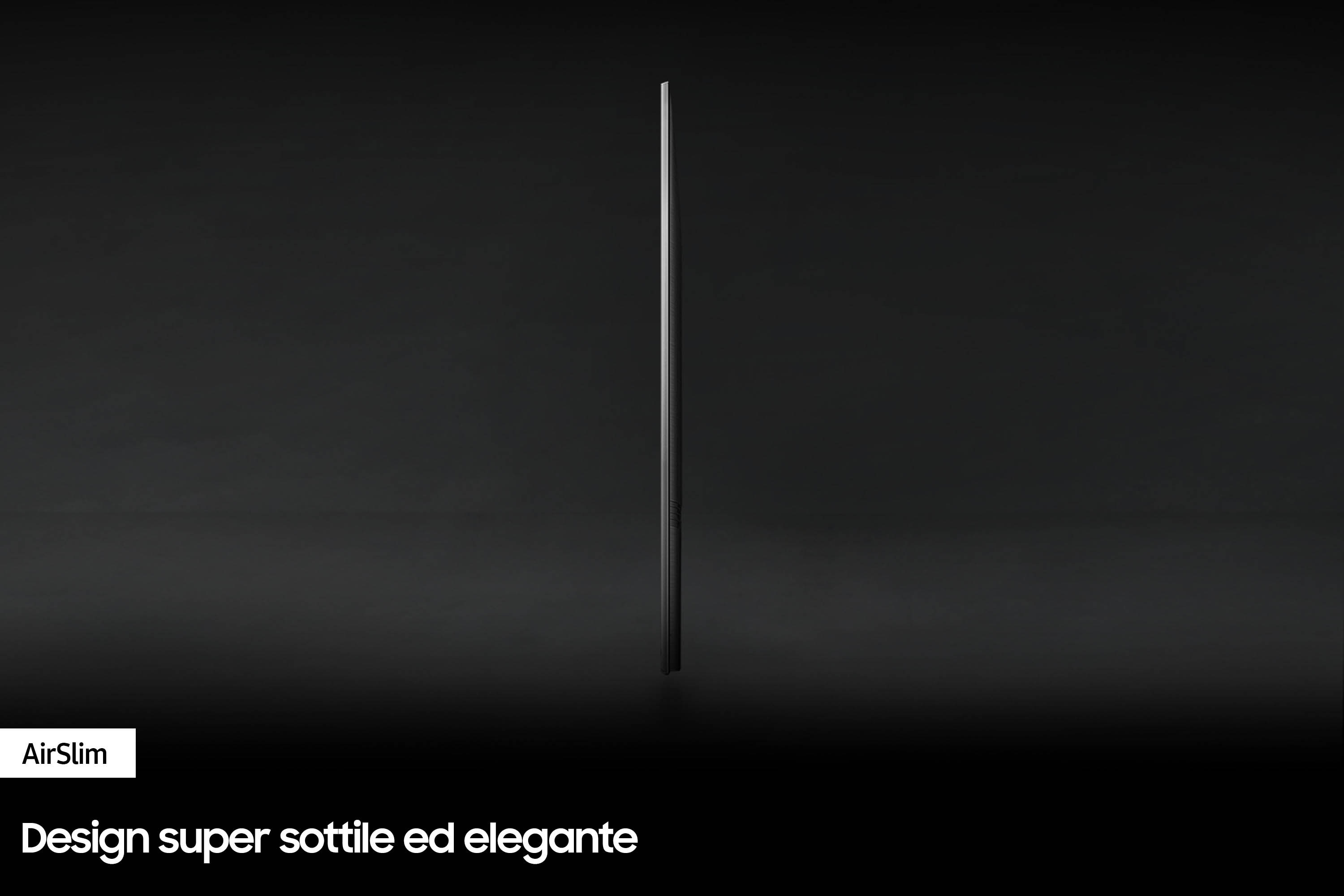 Dünnes, schwarzes Seitenprofil eines Fernsehers vor dunkelgrauem Hintergrund, Text AirSlim.