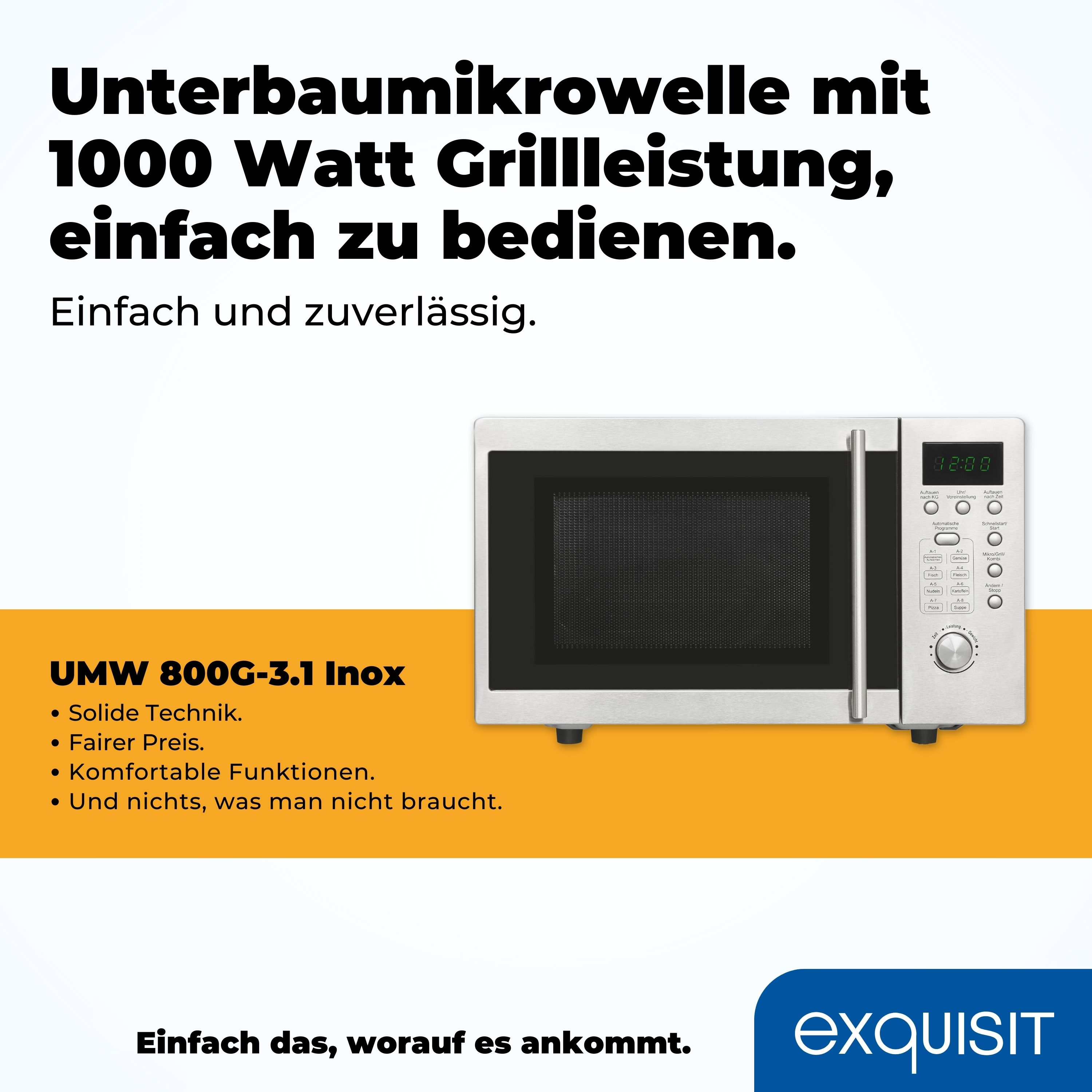 Mikrowellenherd mit Text auf Deutsch. Verfügt über eine silberne Oberfläche und Digitalanzeige.