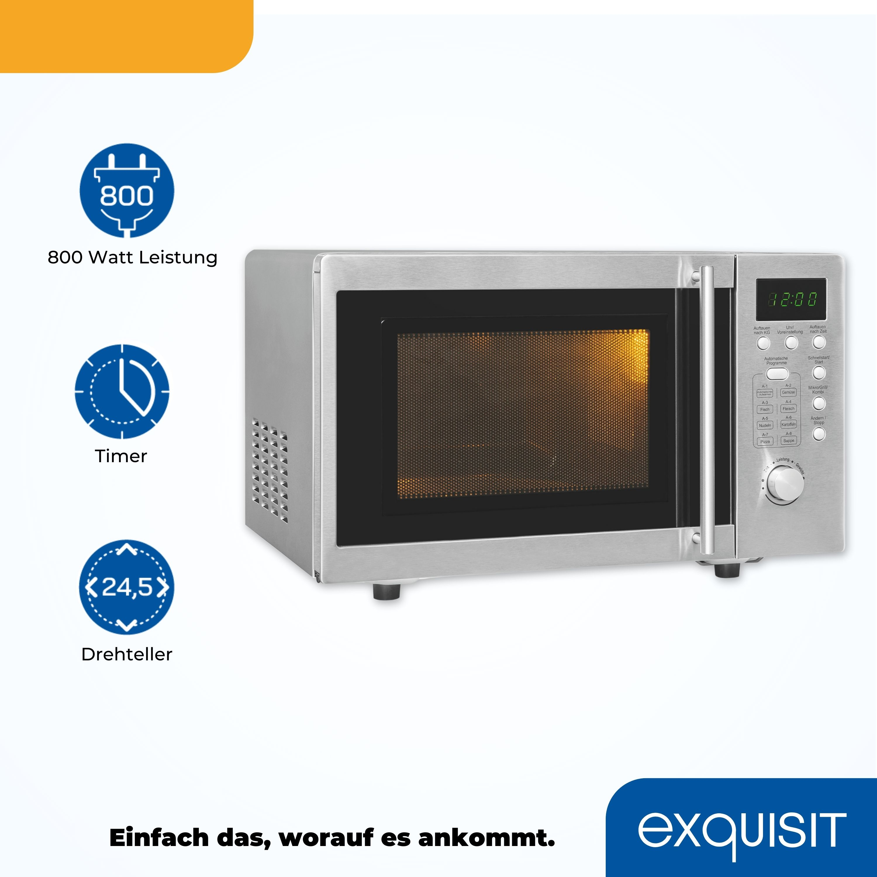 Eine Mikrowelle aus Edelstahl mit Symbolen und Text, darunter 800 Watt und Timer.
