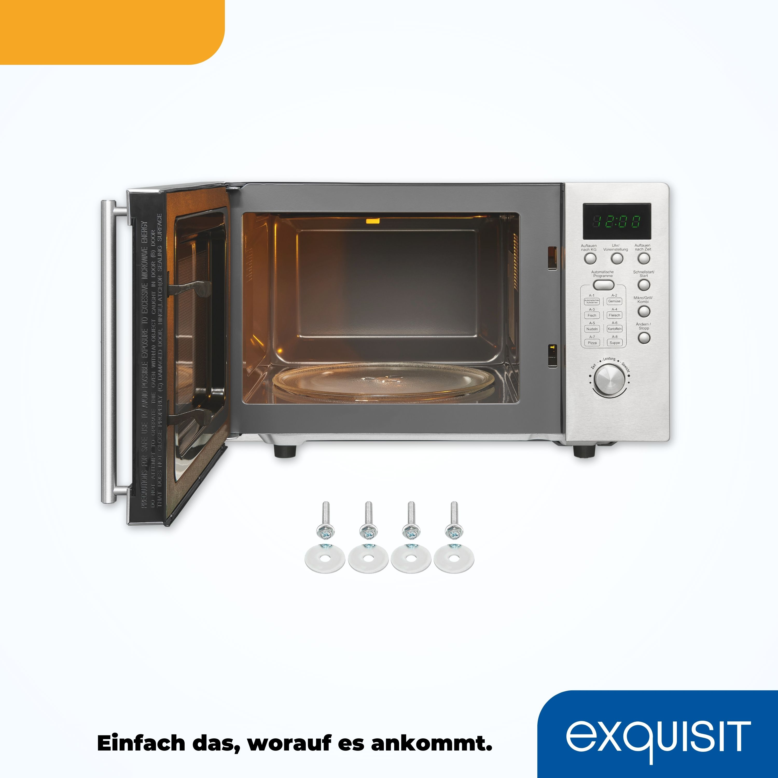 Mikrowelle mit offener Tür, auf weißer Oberfläche.