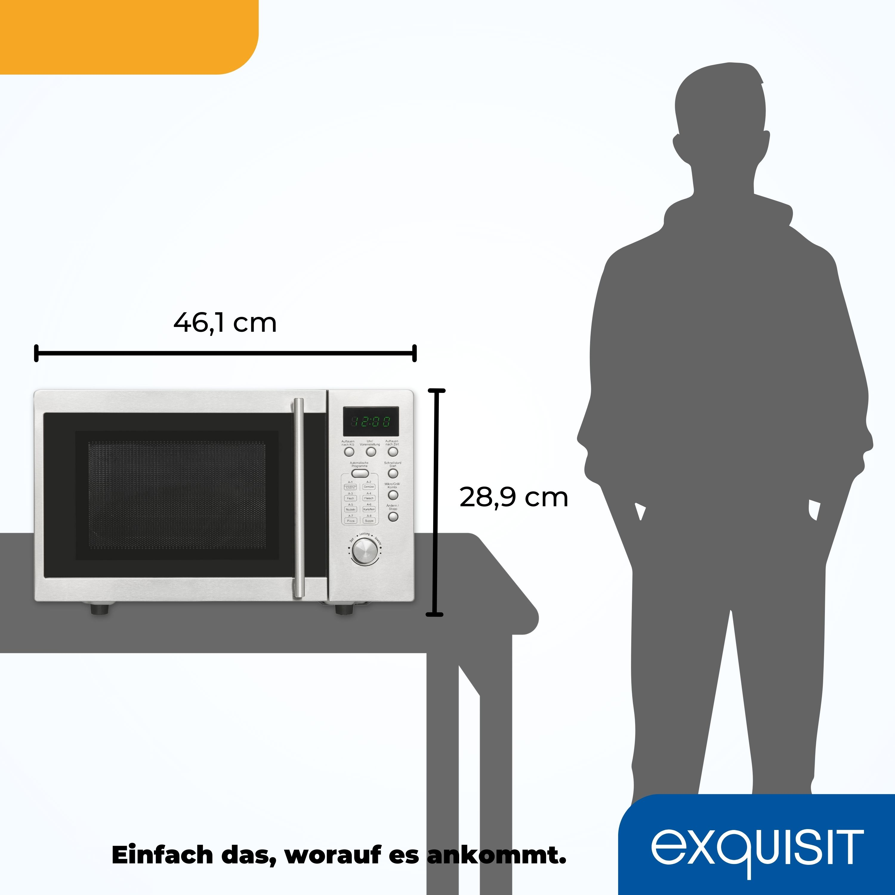 Eine silberne Mikrowelle auf einem Tisch neben einer Personensilhouette. Abmessungen sind angegeben.