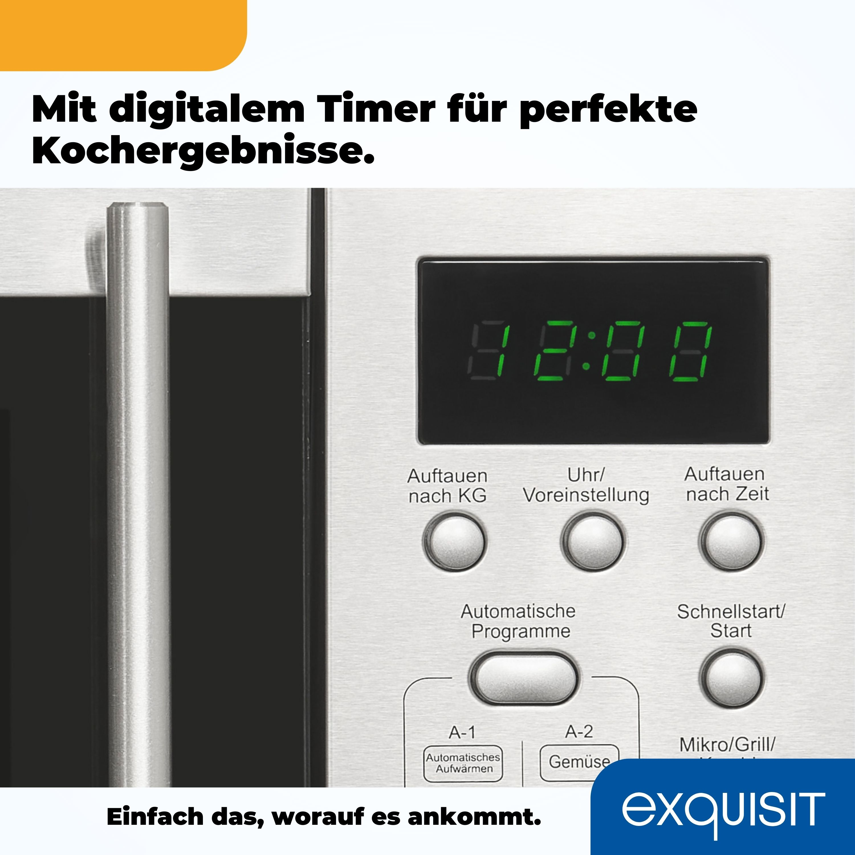 Mikrowelle mit digitalem Timer und Bedientasten. Edelstahl-Finish.