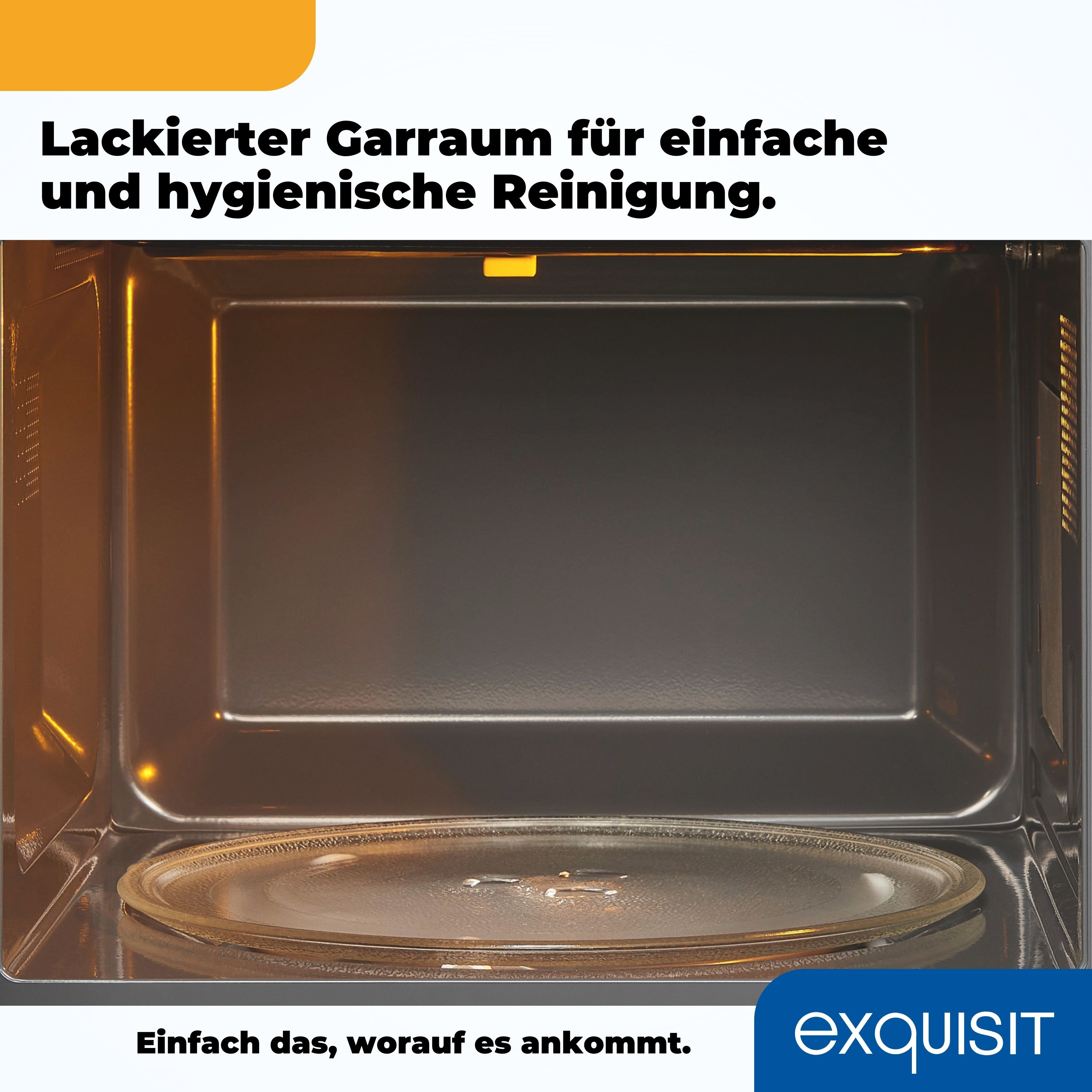 Innere eines Mikrowellengeräts mit Glasplatte. Text auf Deutsch bespricht einfache Reinigung.