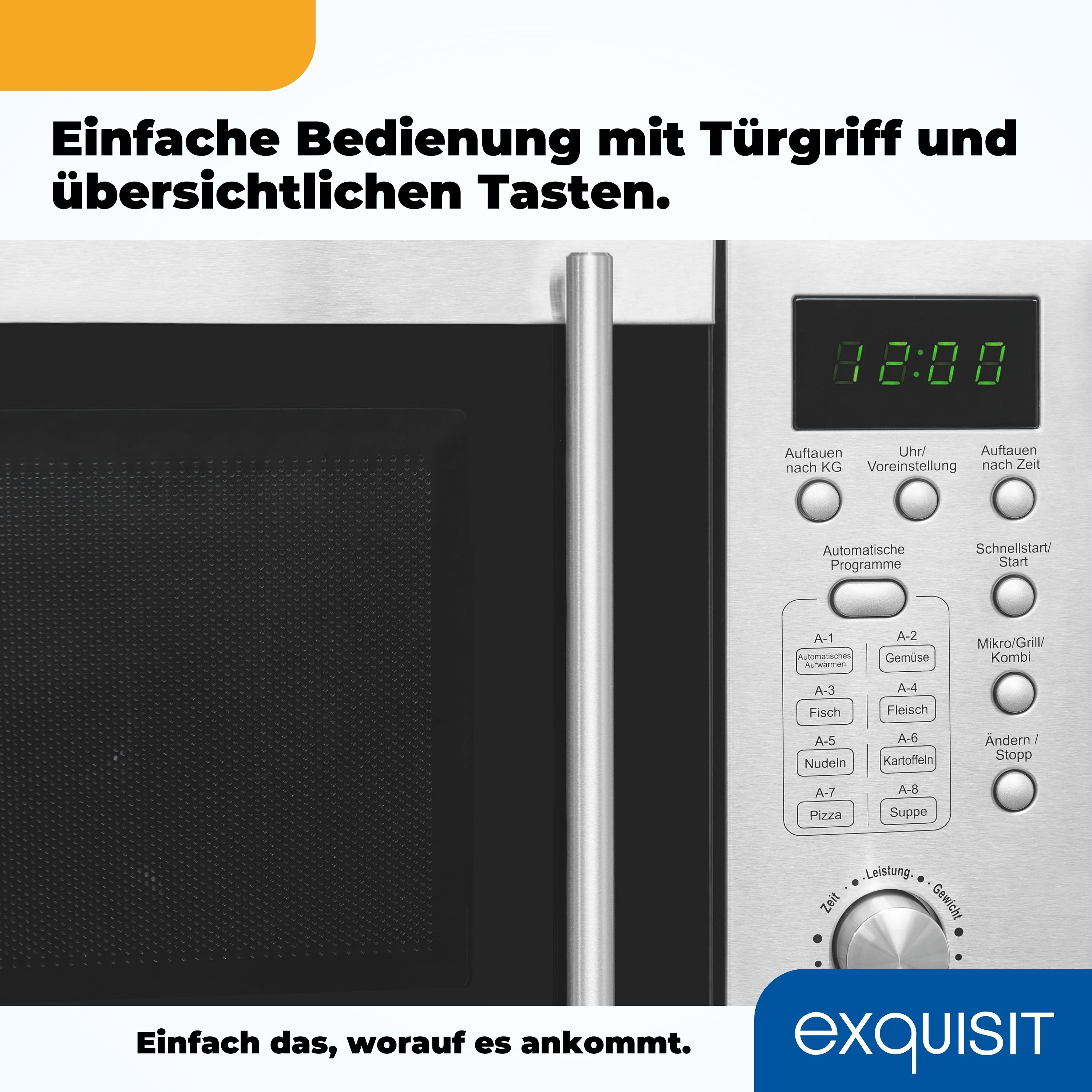 Mikrowelle mit Bedienfeld und Digitaluhr. Einfache Bedienung mit Griff und Tasten.