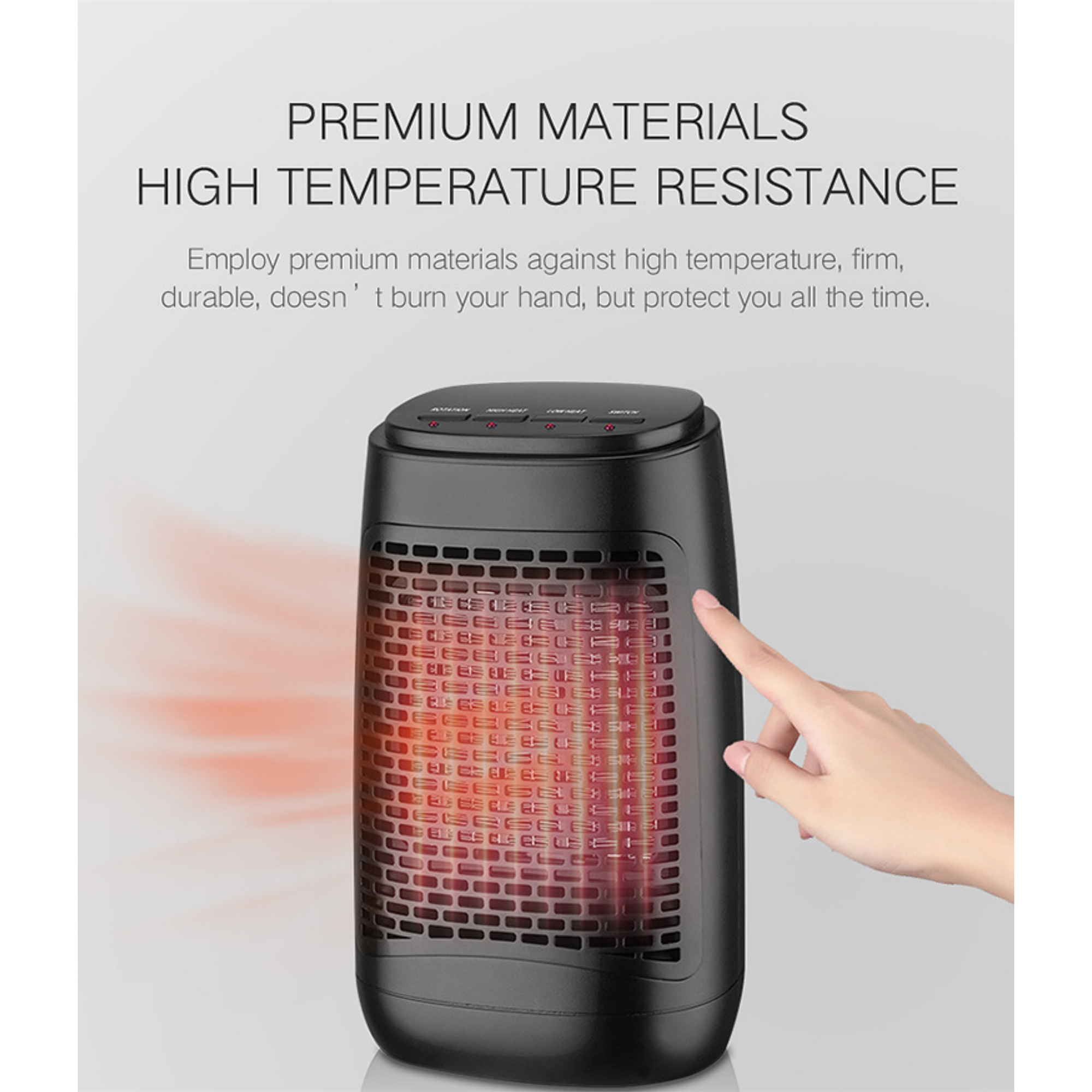Schwarze Heizung mit rotem Heizelement. Eine Hand berührt die Seite. Text: PREMIUM MATERIALS HIGH TEMPERATURE RESISTANCE.