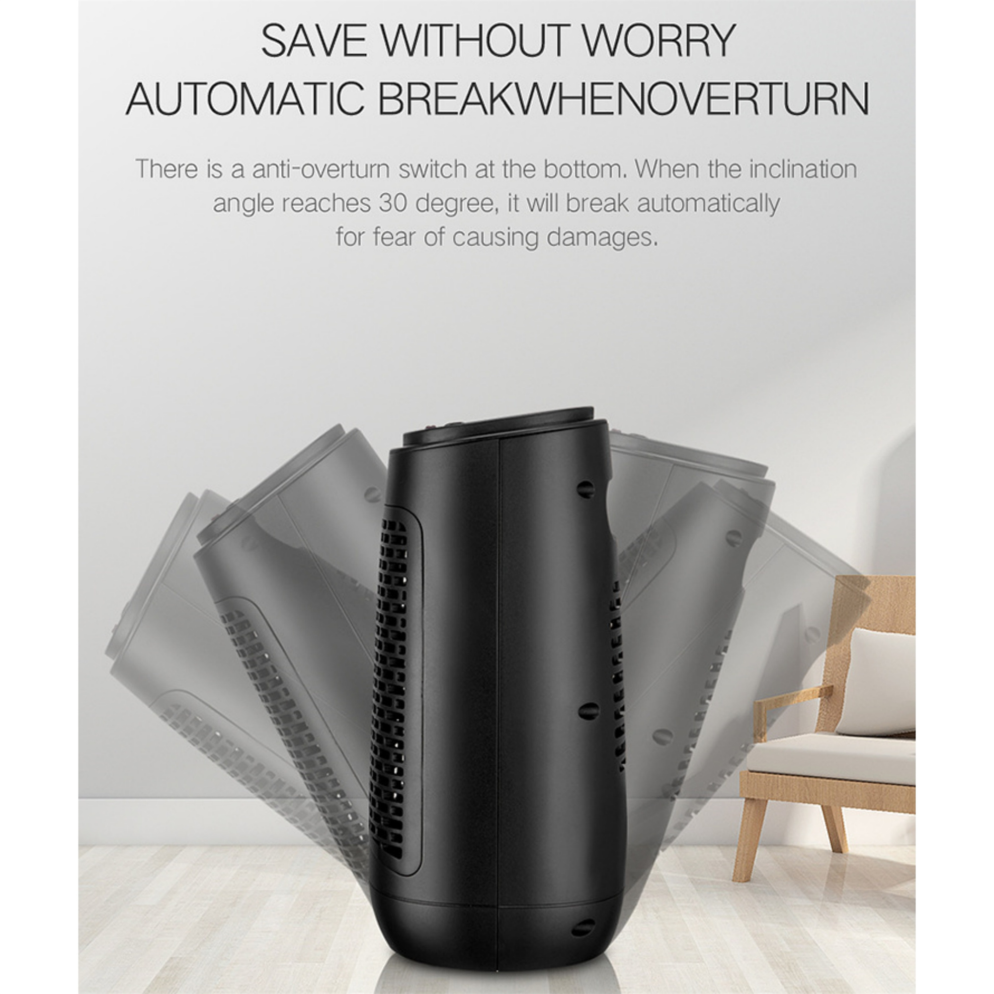 Ein schwarzer Turmventilator mit mehreren Schattenbildern, die seine automatische Bremsfunktion zeigen.