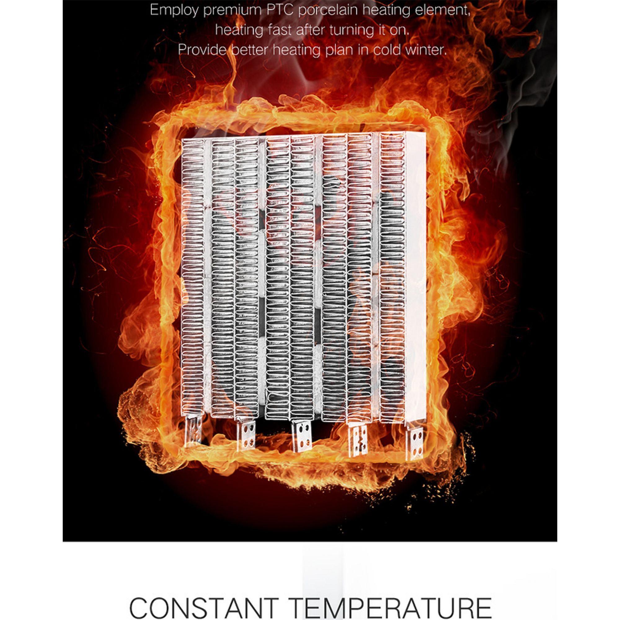 Ein Heizelement mit Flammen. Der Text besagt, dass es ein PTC-Porzellan-Heizelement für schnelles Heizen verwendet.
