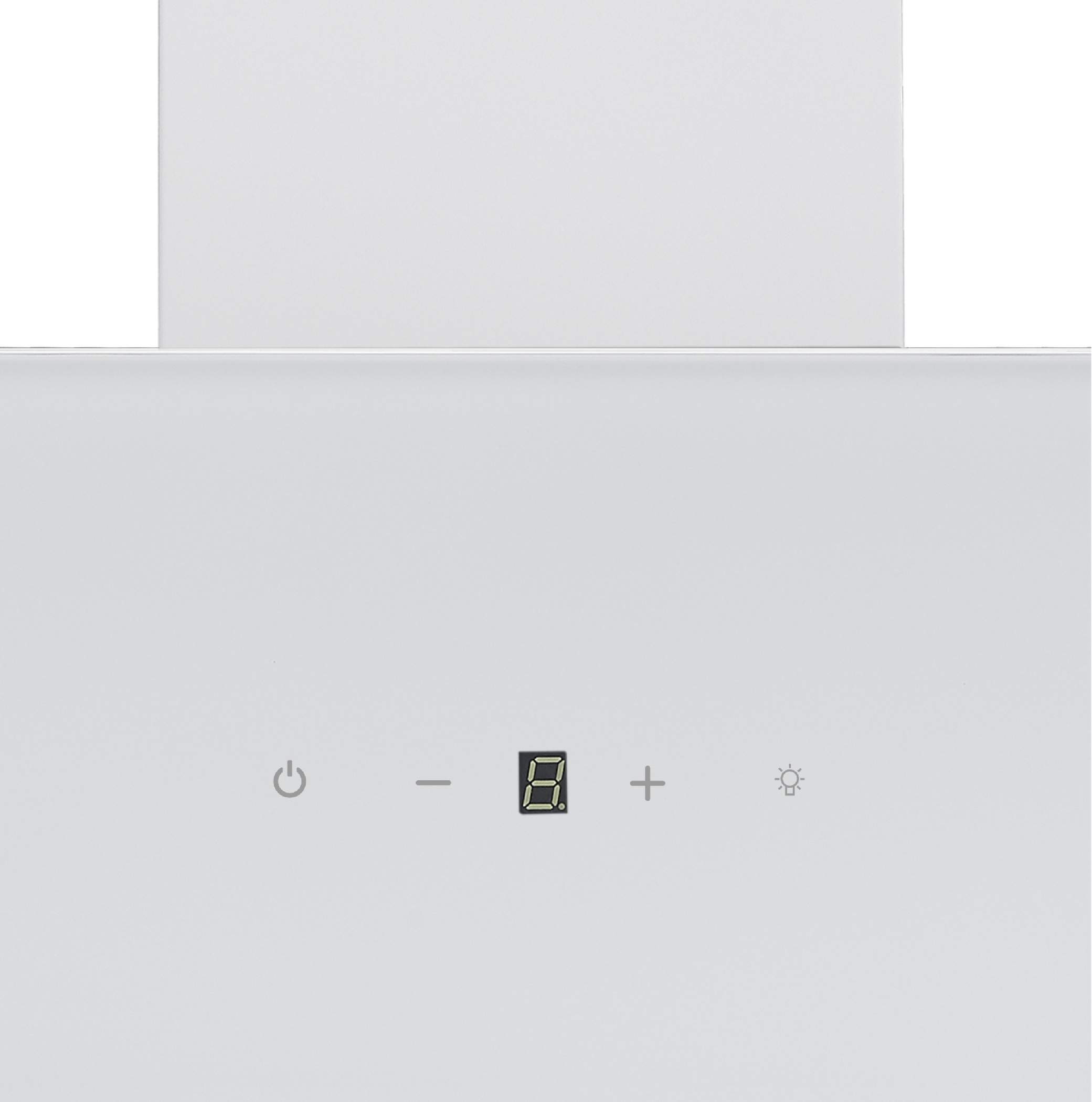 Witte afzuigkap, met bedieningsknoppen en een digitaal display.