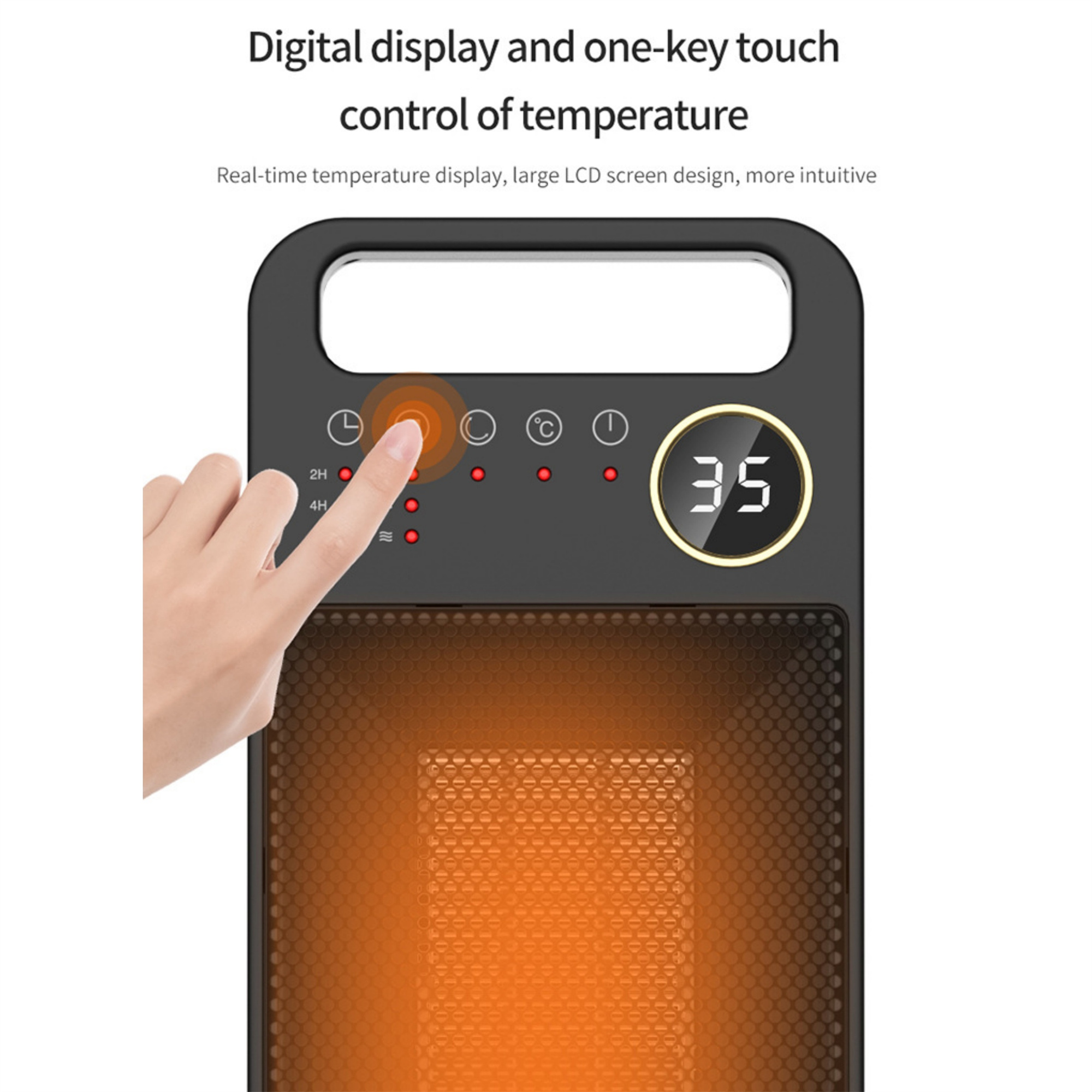 Hand berührt einen schwarzen Heizlüfter mit Digitalanzeige, die 35 anzeigt. Oranges Glühen geht davon aus.