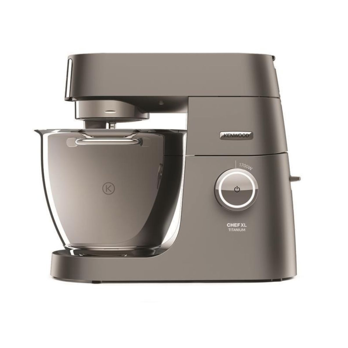 Ein grauer Kenwood Chef XL Titanium Küchenmixer mit Glasschüssel und Ein/Aus-Knopf.