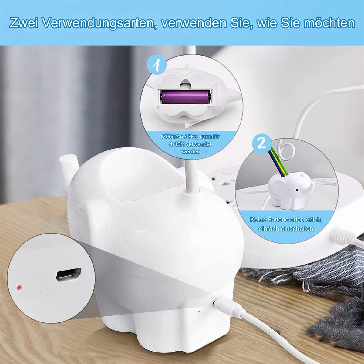 Eine weiße elefantenförmige Lampe mit zwei Kreisen, die Details zeigen. Eines hat eine Batterie, das andere Buntstifte.