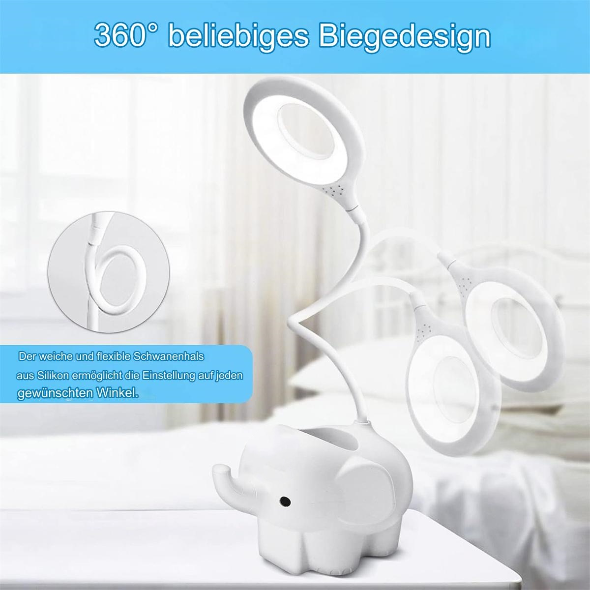 Weiße Elefantenlampe mit verstellbaren Leuchtenköpfen und flexiblem Hals.