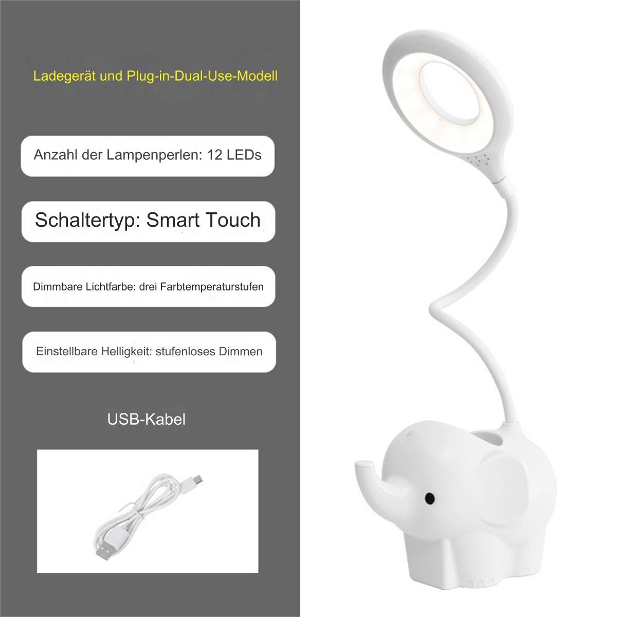 Weiße Elefantenlampe mit gebogenem Hals und Smart-Touch-Panel. Text beschreibt Funktionen.