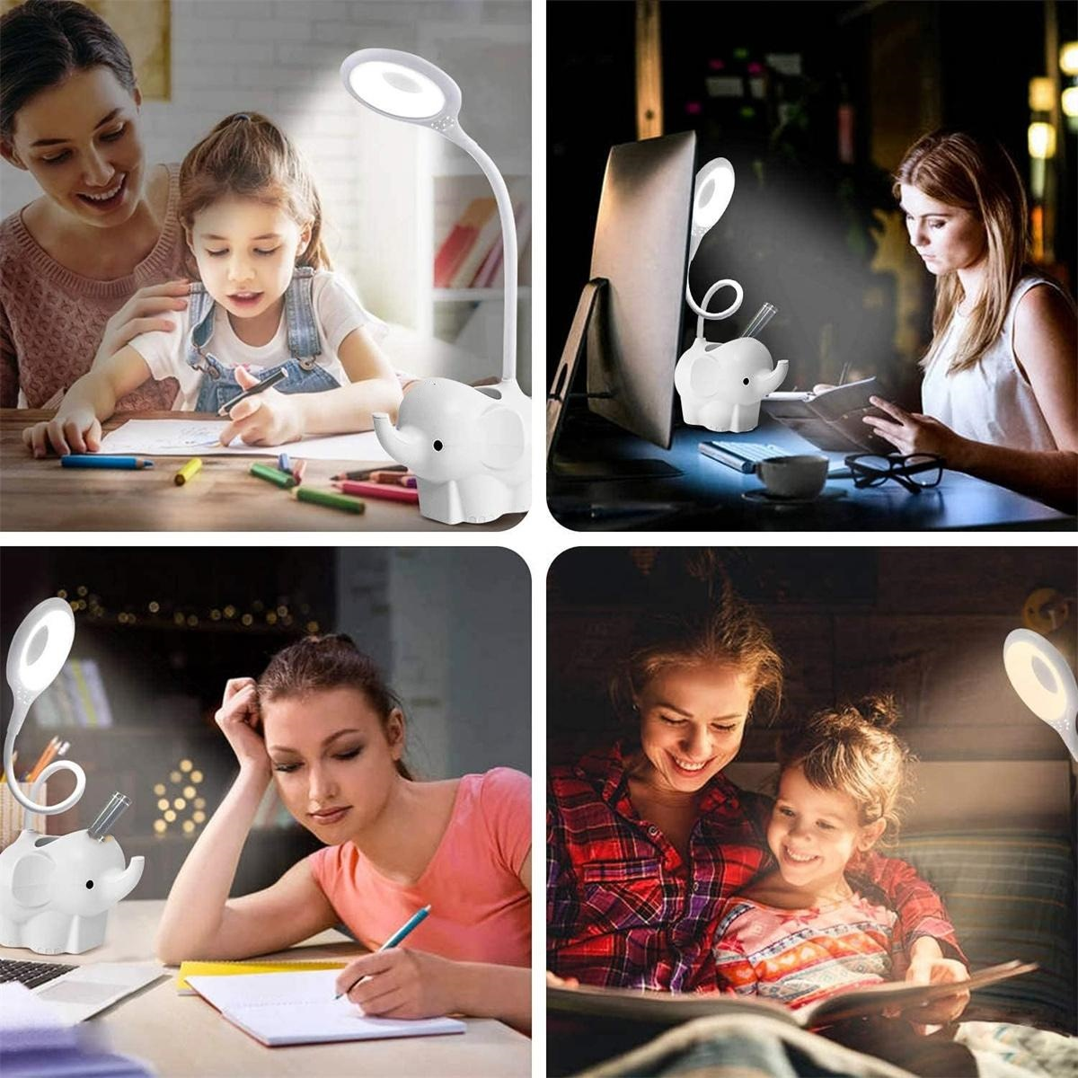 Vier Bilder einer Schreibtischlampe in Elefantenform, die zum Lesen und Schreiben verwendet wird.