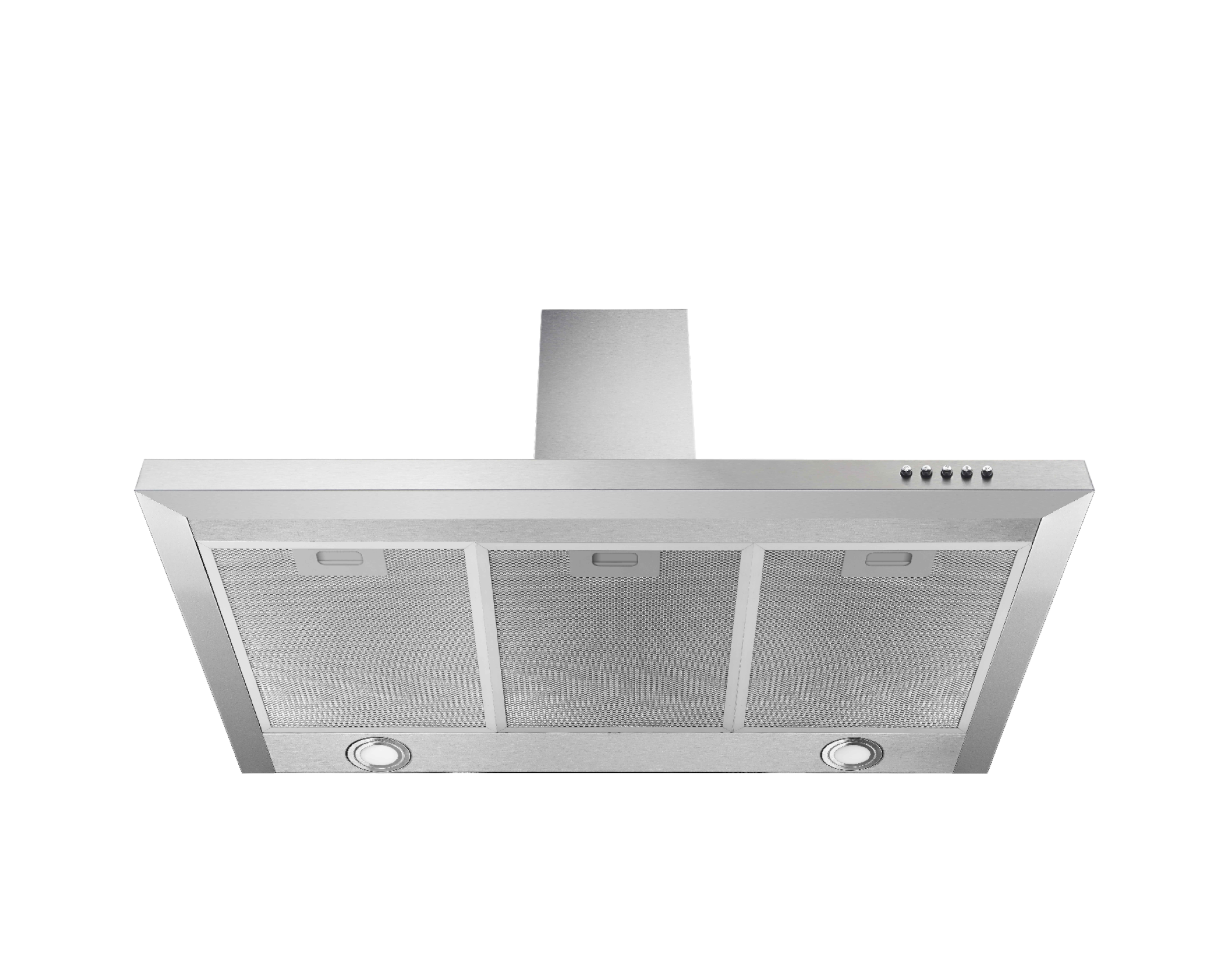 Stainless steel range hood with three filters and two lights.