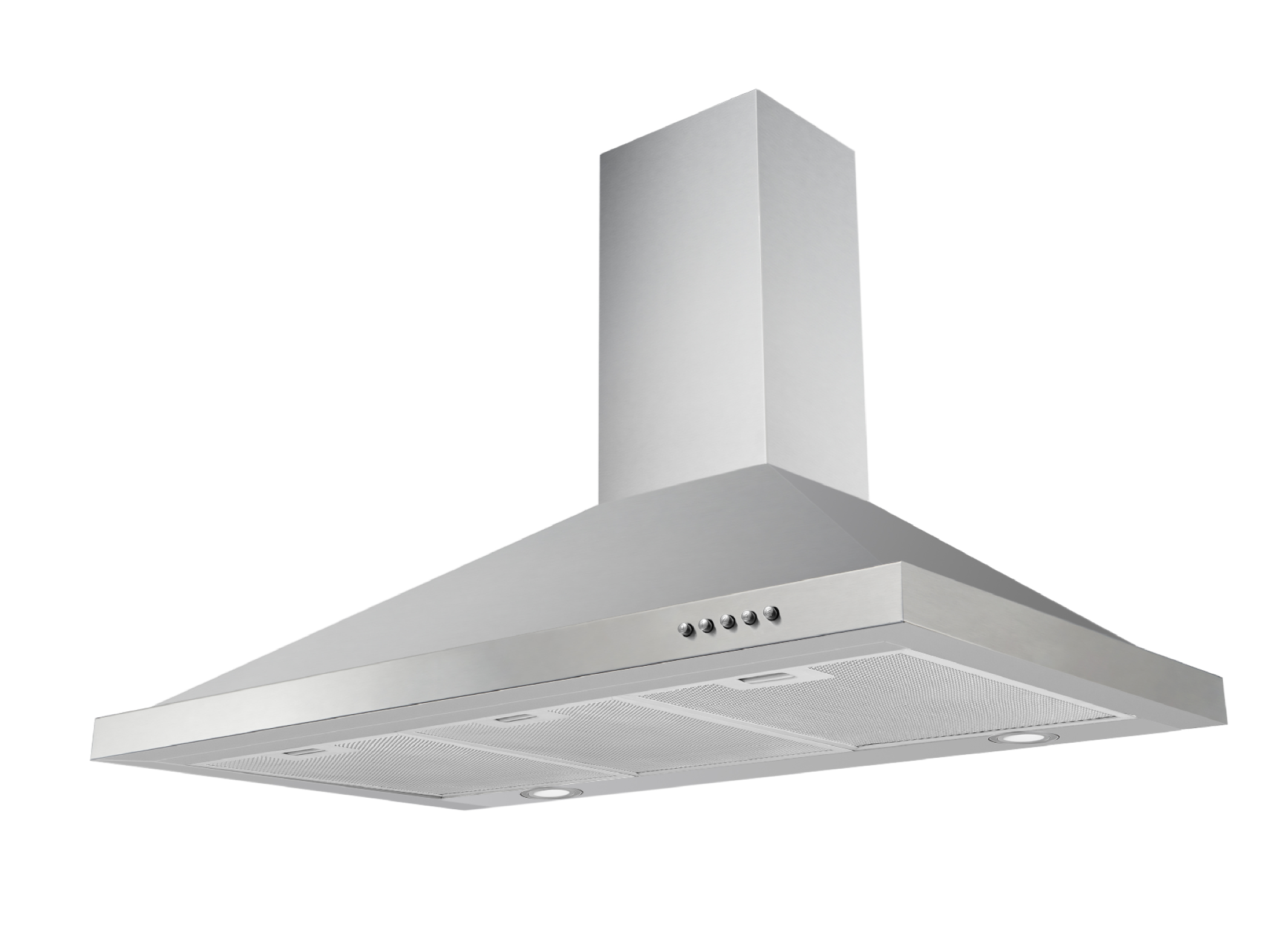 Stainless steel range hood with four buttons and two lights, against a white background.
