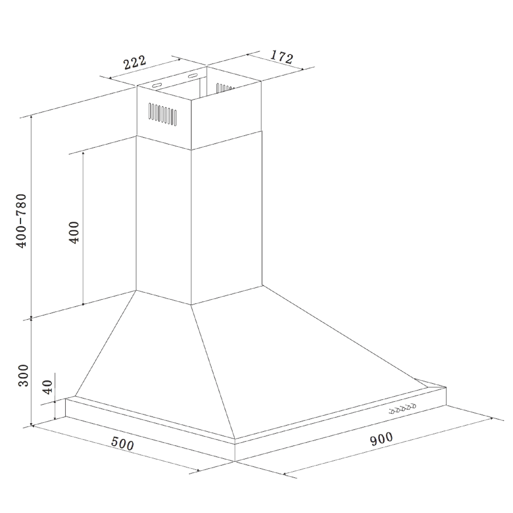 Diagram of a kitchen hood with dimensions. It is a trapezoid shape.