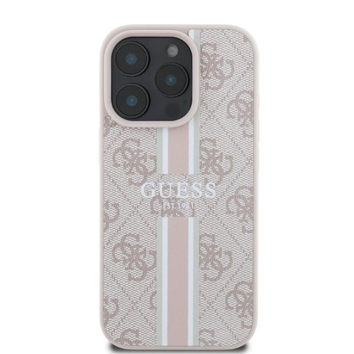 Rosa Handyhülle mit Guess-Logo-Muster und weißem Streifen. Weißer Hintergrund.