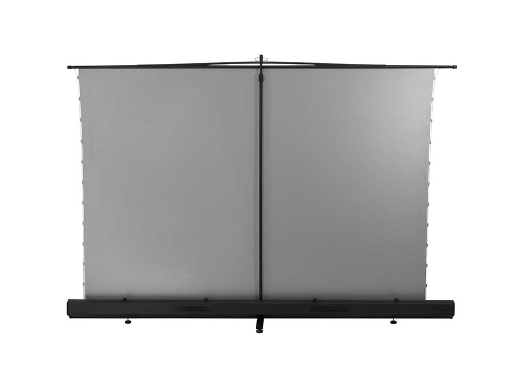 Een wit projectiescherm, met een zwart frame en standaard, geïsoleerd op een witte achtergrond.