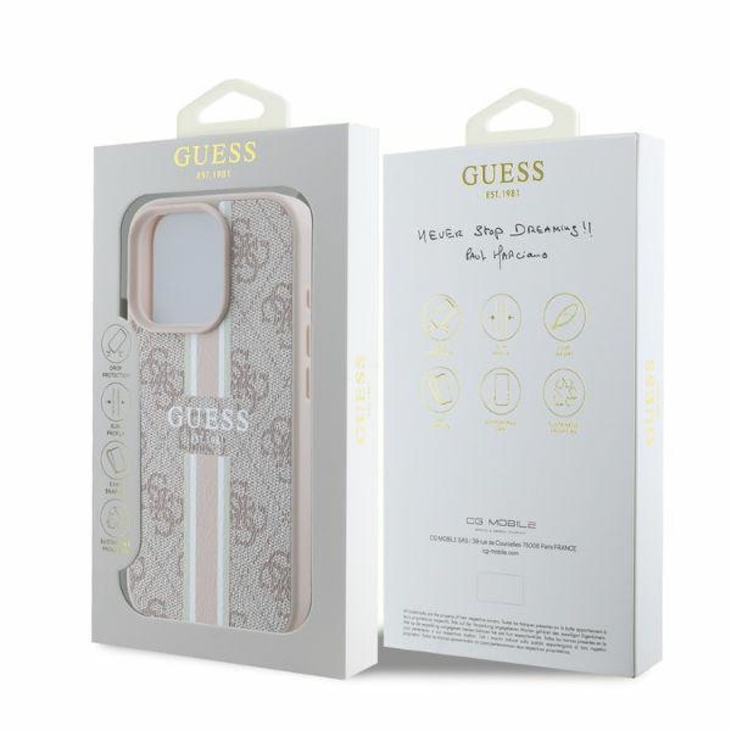 Eine Guess-Handyhülle in einer Box, mit rosa-braunem Muster und dem Guess-Logo.
