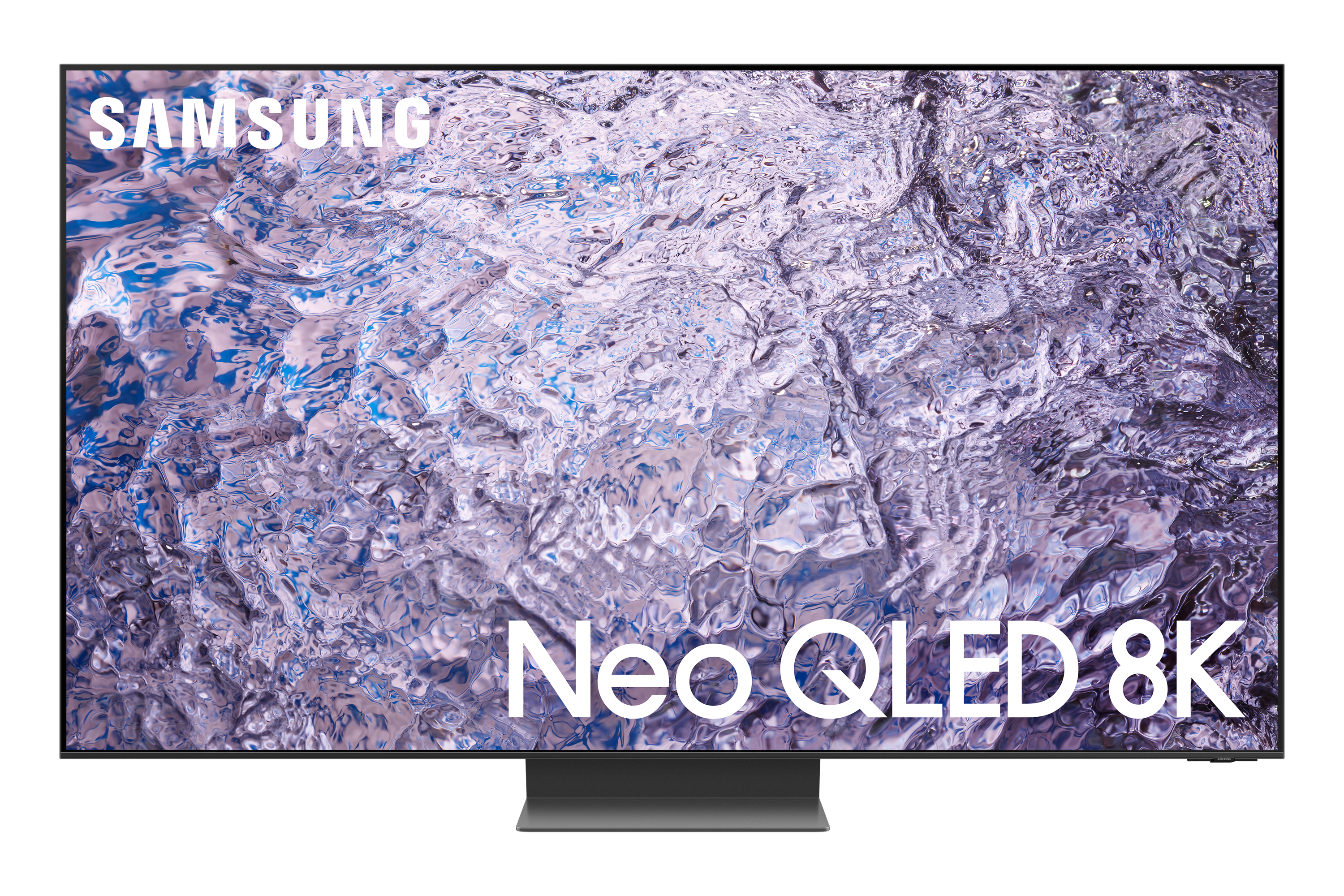 Un televisore Samsung Neo QLED 8K con cornice nera, che mostra uno sfondo viola-grigio.
