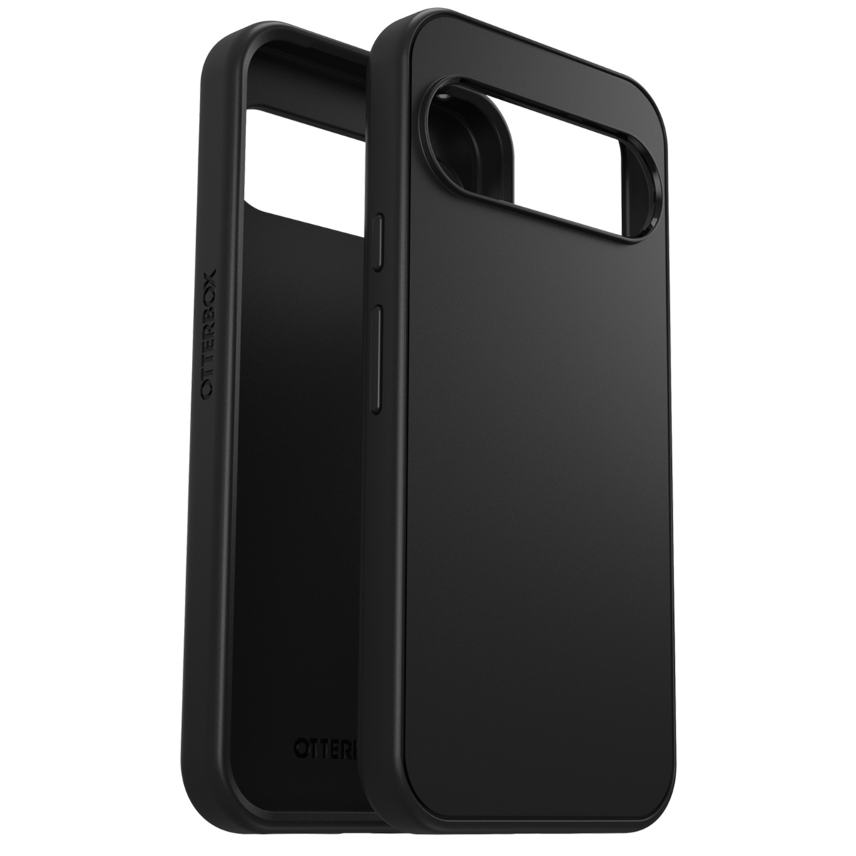 Zwarte telefoonhoesjes, opengeklapt om de binnenkant te laten zien. De merknaam Otterbox is zichtbaar.