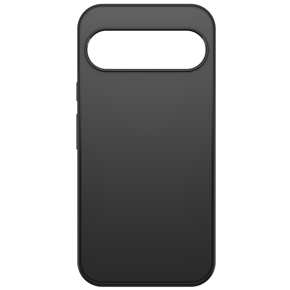 Zwarte telefoonhoes met camera-uitsparing, knoppen en rechthoekige vorm.