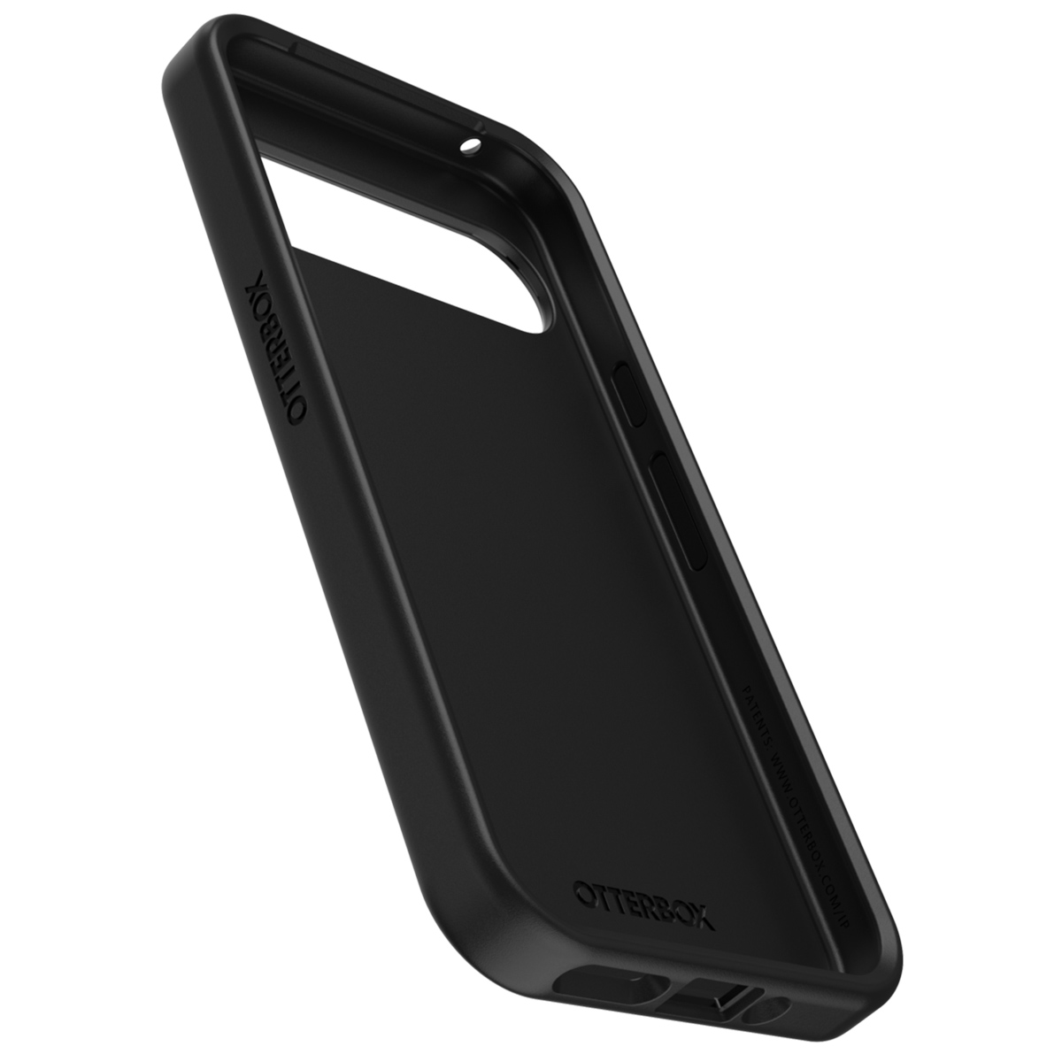 Een zwarte telefoonhoes. Het Otterbox-logo is zichtbaar aan de zijkant.